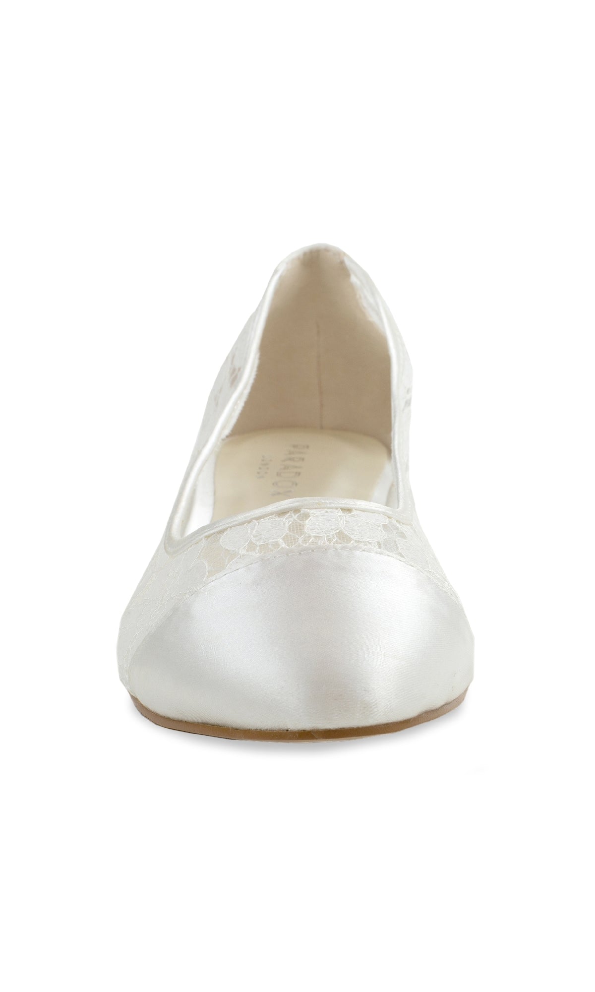 Front view of Sweetie Ivory Lace Prom Shoe Flats (Paradox London P1612), a chic closed-toe slip-on with delicate lace detailing, photographed on a white background—perfect for prom.