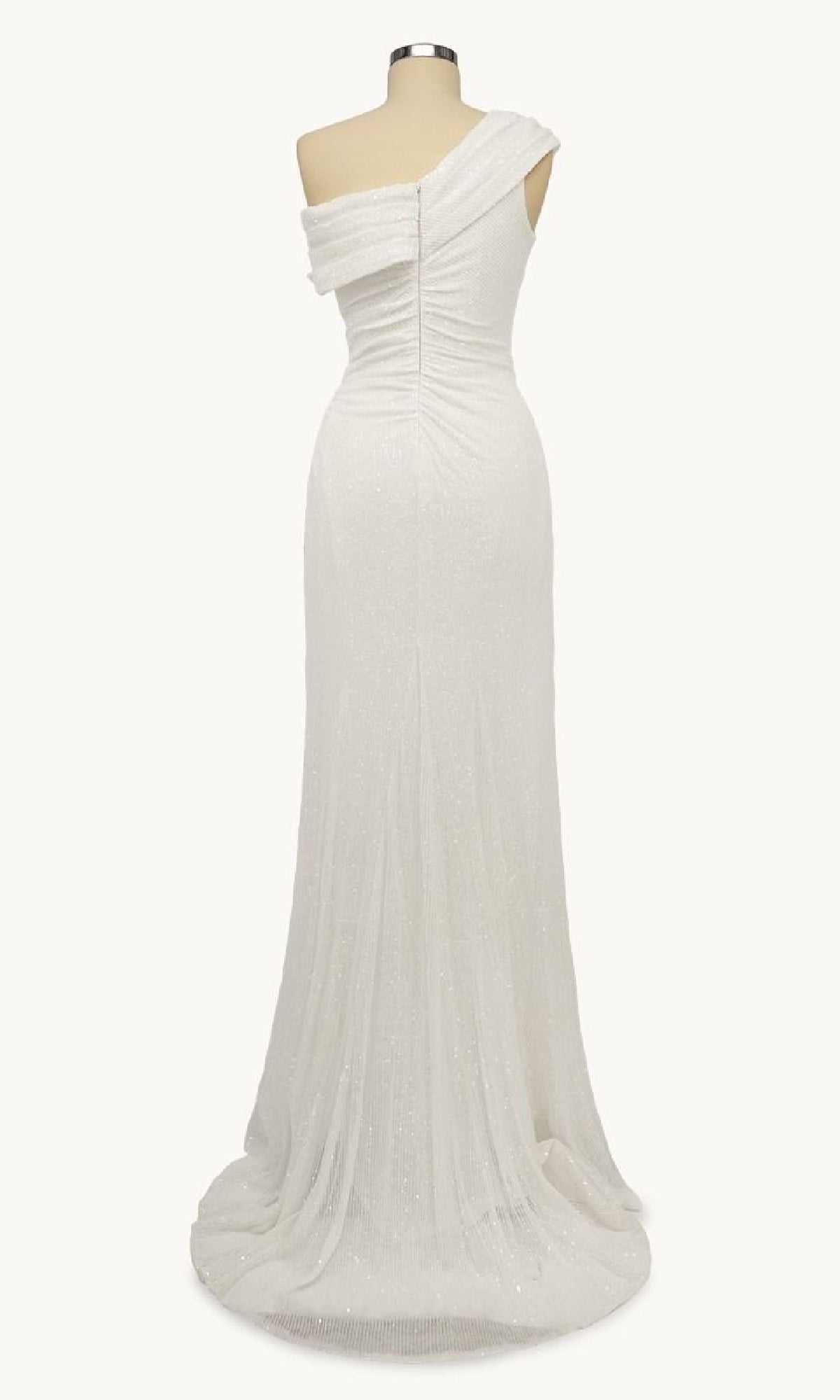 Back view of the Amoris T806 One-Shoulder Long Sequin Prom Dress in white, under $100. Features elegant ruching at the bodice, a slight train, and floor-length silhouette, shown on a dress form.