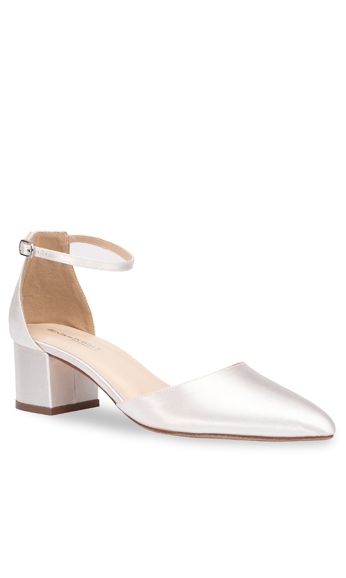 The Tegan White Shimmer Prom Shoes (Touch Ups 4663) are satin closed-toe heels with a block heel, ankle strap, and buckle, displayed against a plain white background.