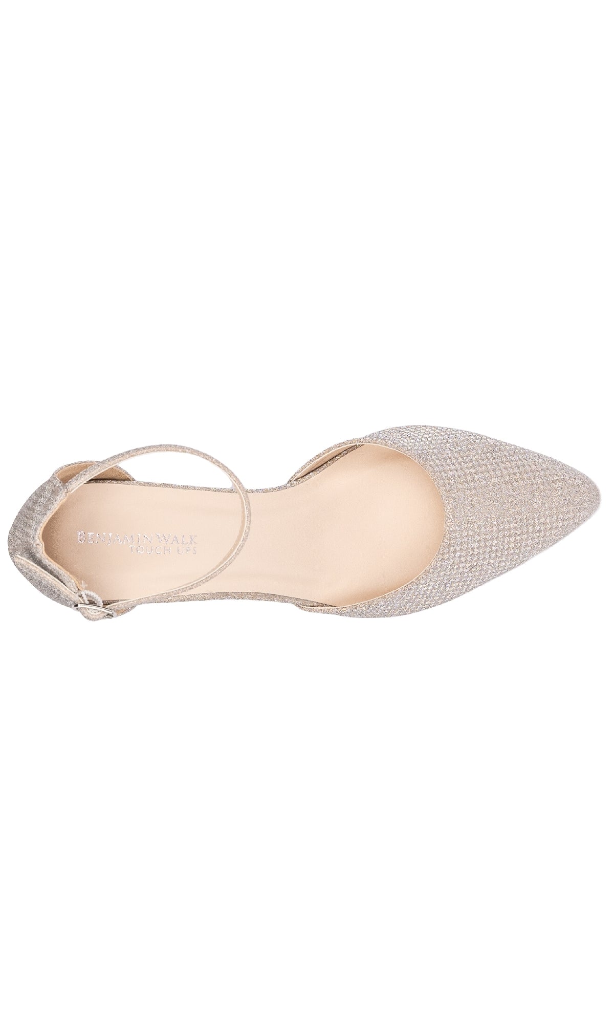 Top view of the Tegan Champagne Shimmer Prom Shoes by Touch Ups (4664), a beige pointed-toe flat with a single ankle strap and textured fabric, perfect for prom.