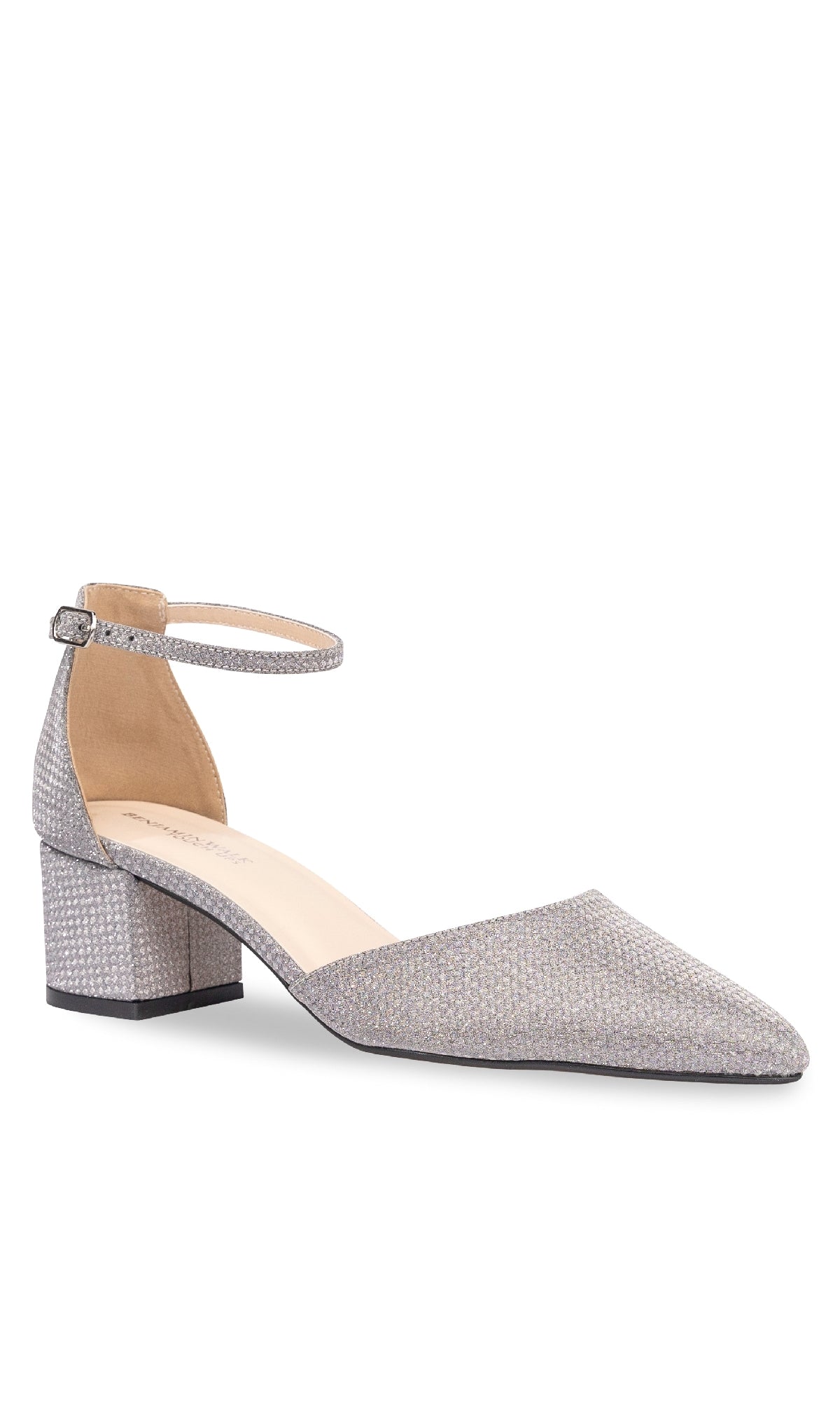 The Tegan Silver Shimmer Prom Shoes (Touch Ups 4665) feature a textured surface, closed toe, ankle strap with small buckle, and a low heel—offering subtle elegance for any occasion.
