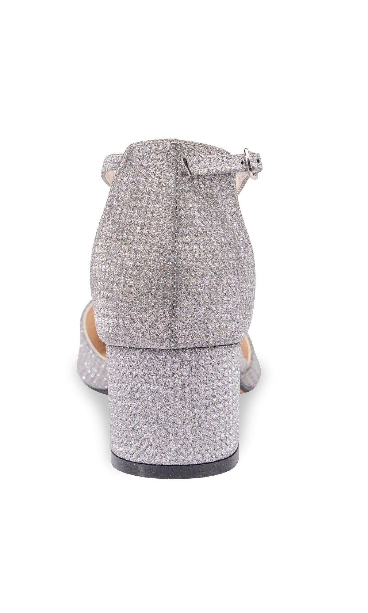 Rear view of the Tegan Silver Shimmer Prom Shoes (Touch Ups 4665), featuring a low block heel, ankle strap, and closed toe—a glittery women’s shoe perfect for prom—set against a white background.