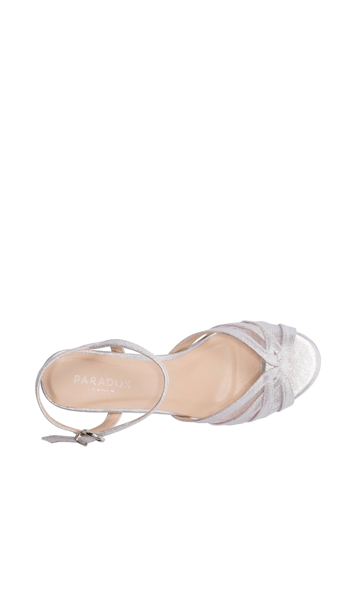 A top view of the Theresa Silver Prom Shoes: Paradox London P2305, featuring an open toe, ankle strap with buckle, and