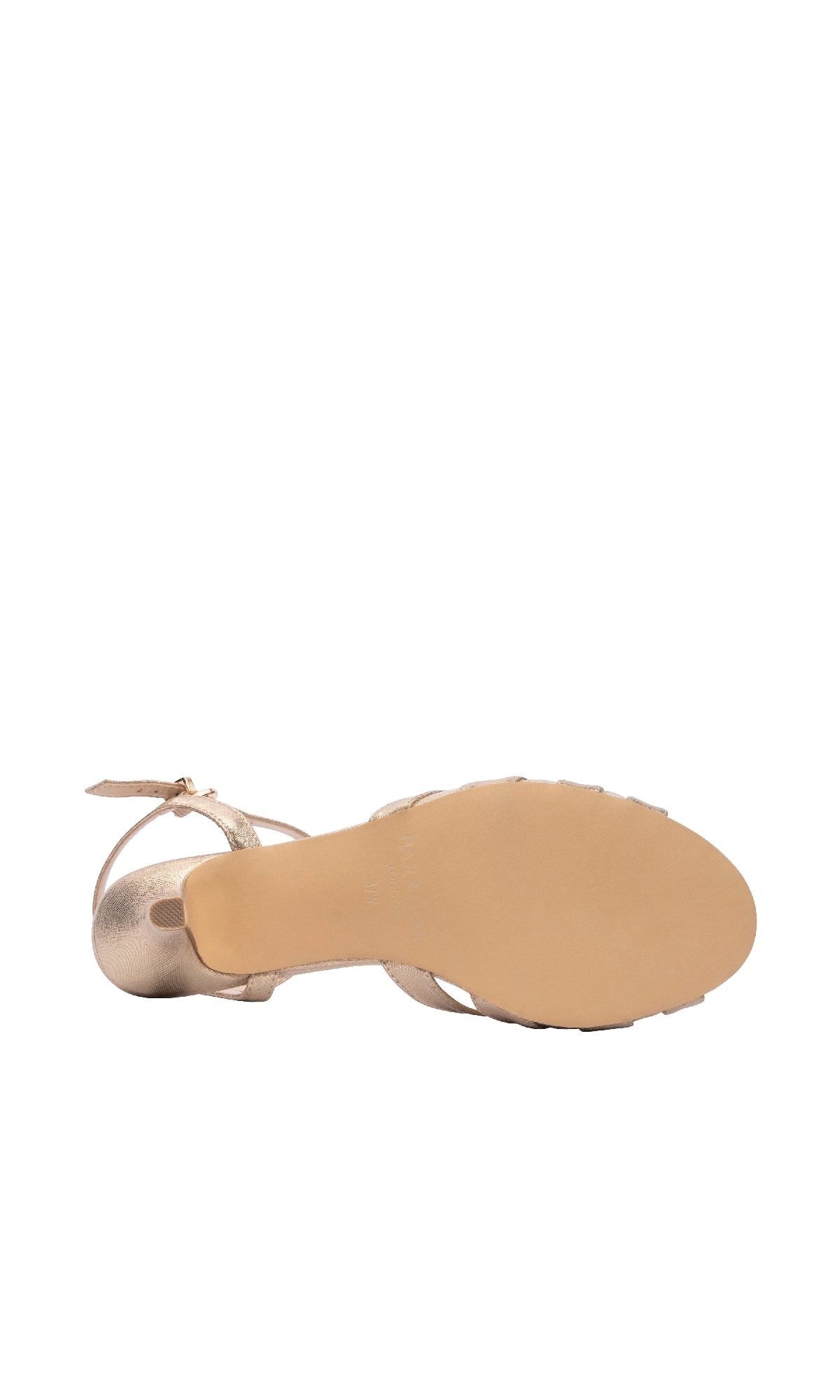The Theresa Champagne Prom Shoes by Paradox London (P2306) feature a gold sole and a side buckle closure strap, viewed from the bottom.