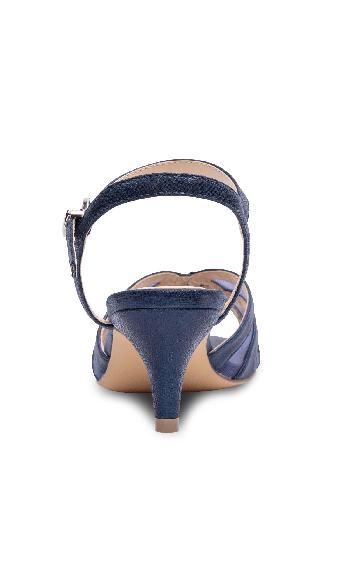 A rear view of the Theresa Navy Blue Prom Shoes: Paradox London P2307, showcasing an ankle strap with buckle, closed heel, small kitten heel, and classic sandal silhouette.