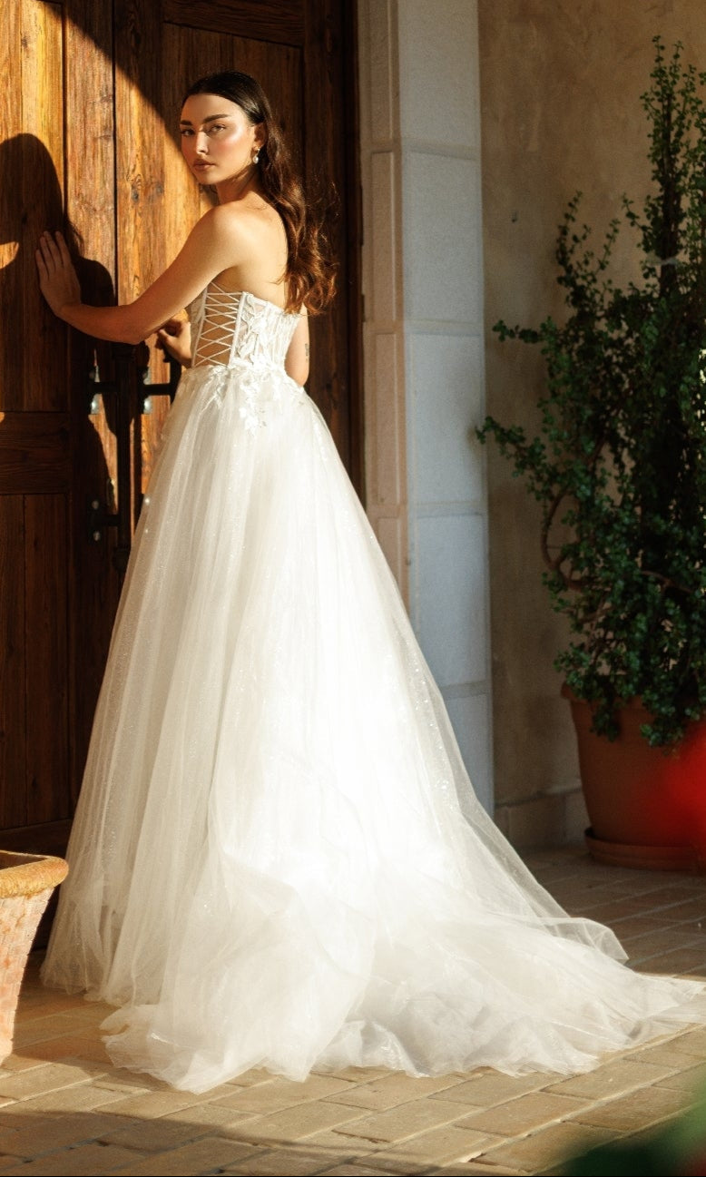 A woman wearing the Long Formal Dress: Tina Holly TW480, featuring a strapless corset bodice and tulle train, stands by a wooden door looking over her shoulder. A large potted plant is visible in the background.