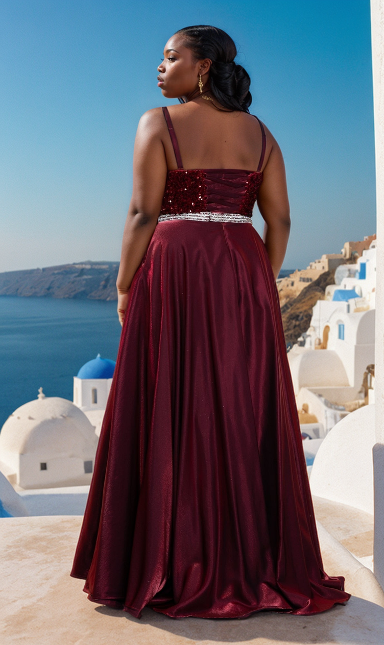 A woman in the Lace-Up Long Plus-Size Prom Dress with Sequins W1018 stands facing away, overlooking white buildings and the blue sea on a sunny day in Santorini, Greece.