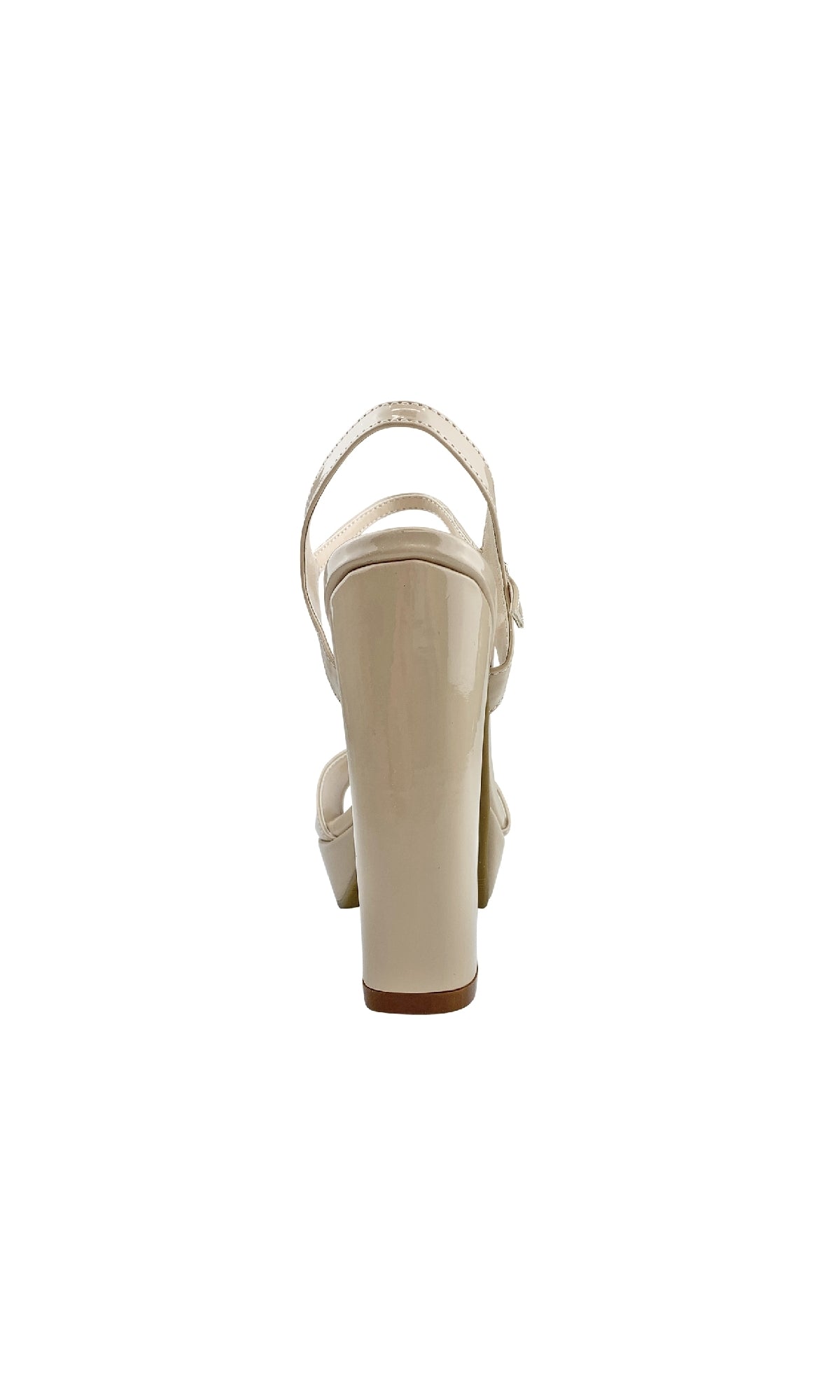 The Whitta Open-Toe Nude Prom Shoes (Dyeables 55817) feature beige patent leather, an ankle strap, open-toe design, and sturdy block heels, shown from the back.