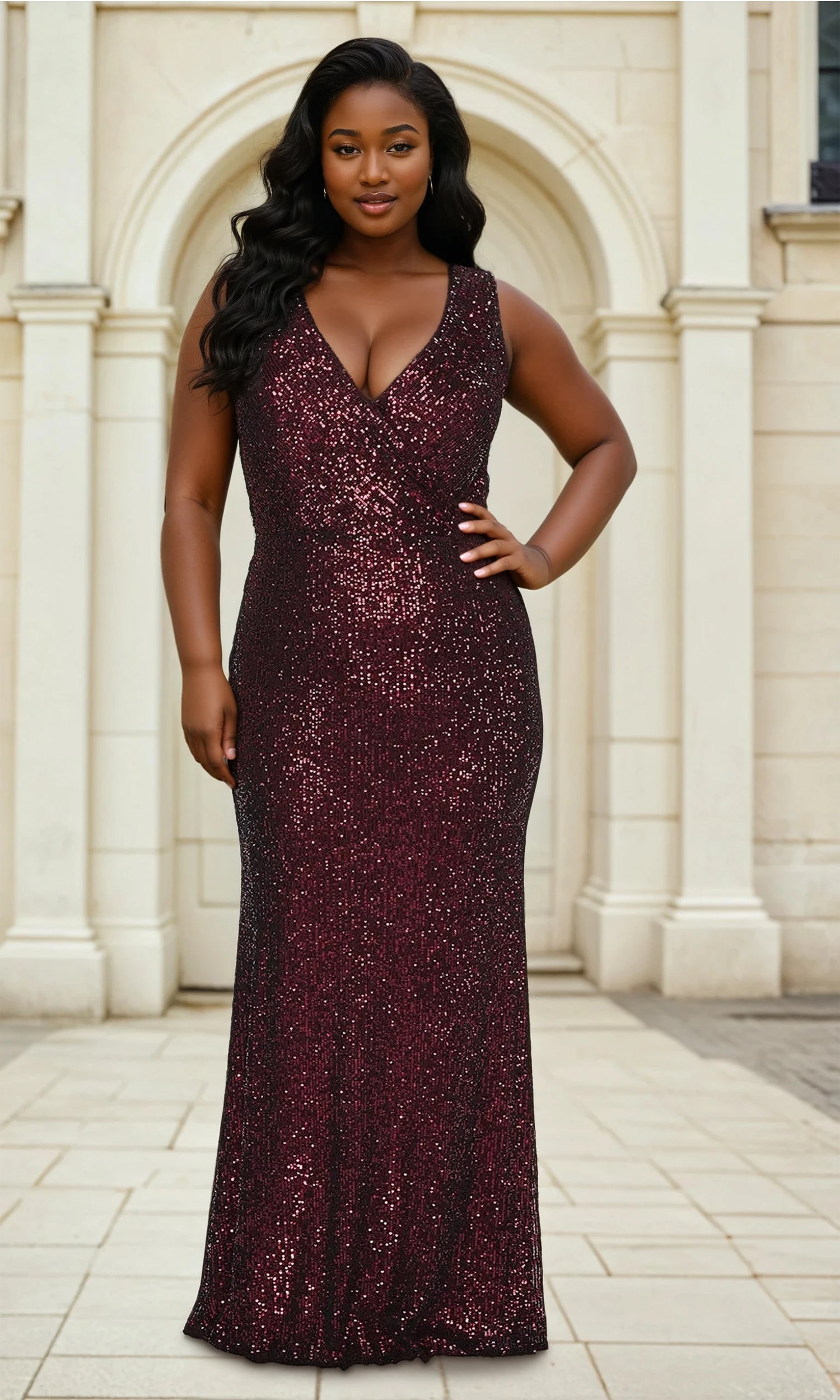 La Femme-La Femme Plus-Size V-Neck Sequin Long Prom Dress