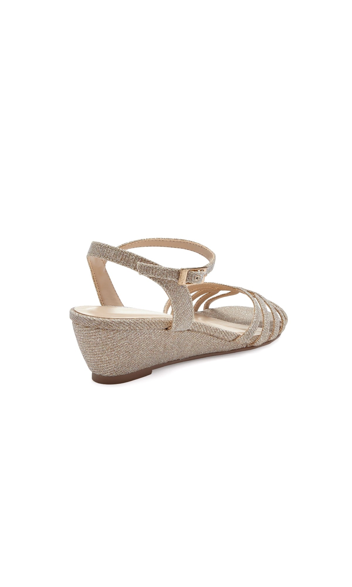 The Winslow Champagne Prom Shoes: Paradox London P1842 are gold glittery wedge sandals with multiple thin straps and an ankle strap buckle, shown from a rear side angle on a white background.