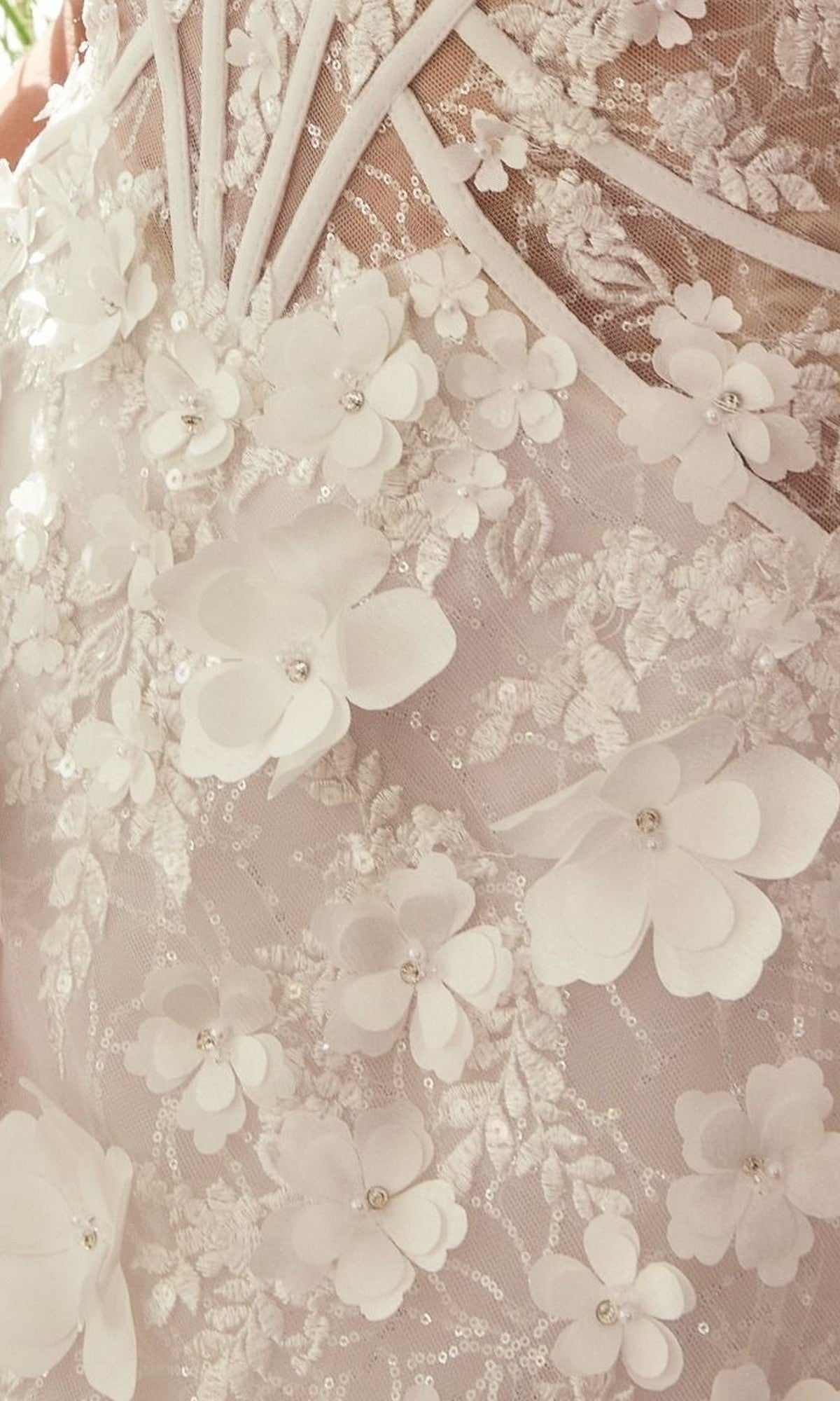 Close-up of the Short White Dress: Andrea and Leo WL083, a strapless design with delicate white lace, 3D floral appliqués, and bead accents—ideal for weddings or formal occasions.