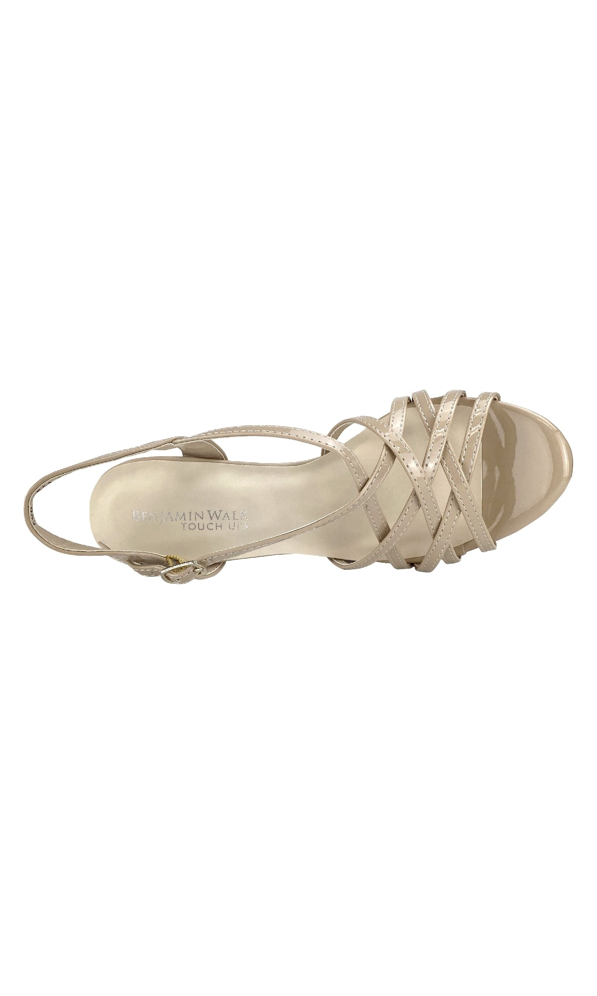 Top view of the Wren Nude Metallic Prom Shoe by Touch Ups 4503, featuring an open toe, slingback strap, cushioned footbed, and elegant strappy nude metallic design—an ideal addition to your high heels collection.