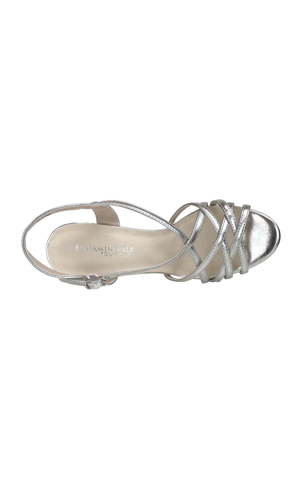 Top view of the Wren Silver Metallic Prom Shoes (Touch Ups 4504) with a strappy open-toe design, metallic silver finish, and slingback strap.