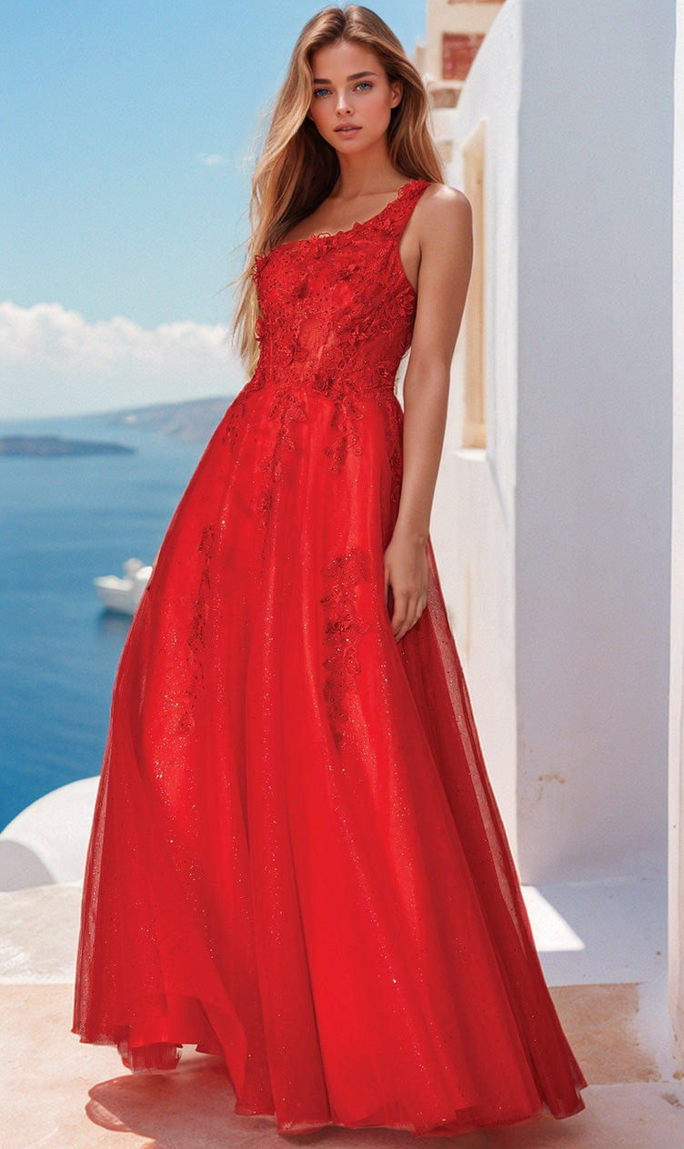 Woman standing outdoors by the ocean, wearing the One-Shoulder Long Red Prom Dress: Juliet 298 with elegant floral lace detailing.