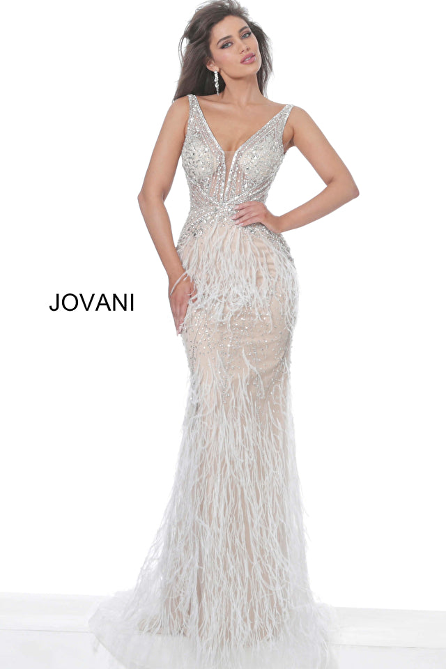 Woman in a Jovani Sheer-Bodice Long Prom Dress with feathers, featuring a sleeveless fitted design, deep V-neckline, silver embellishments, feathered skirt, and