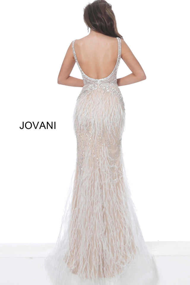 A woman faces away wearing the Jovani Sheer-Bodice Long Prom Dress with Feathers—sleeveless, floor-length, fitted, with a deep open back, sequin and feather skirt.