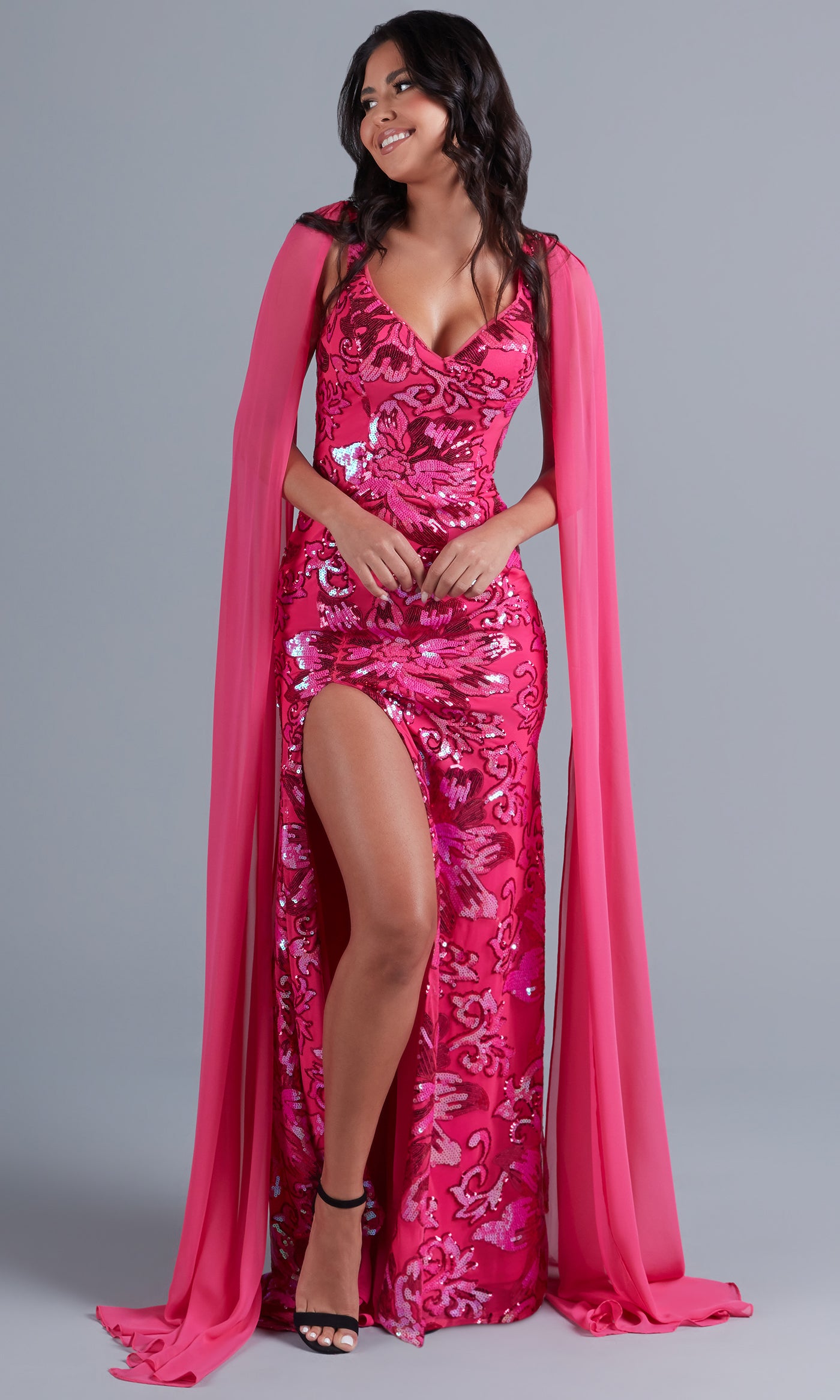 PromGirl Long Sequin Prom Dress with Capes