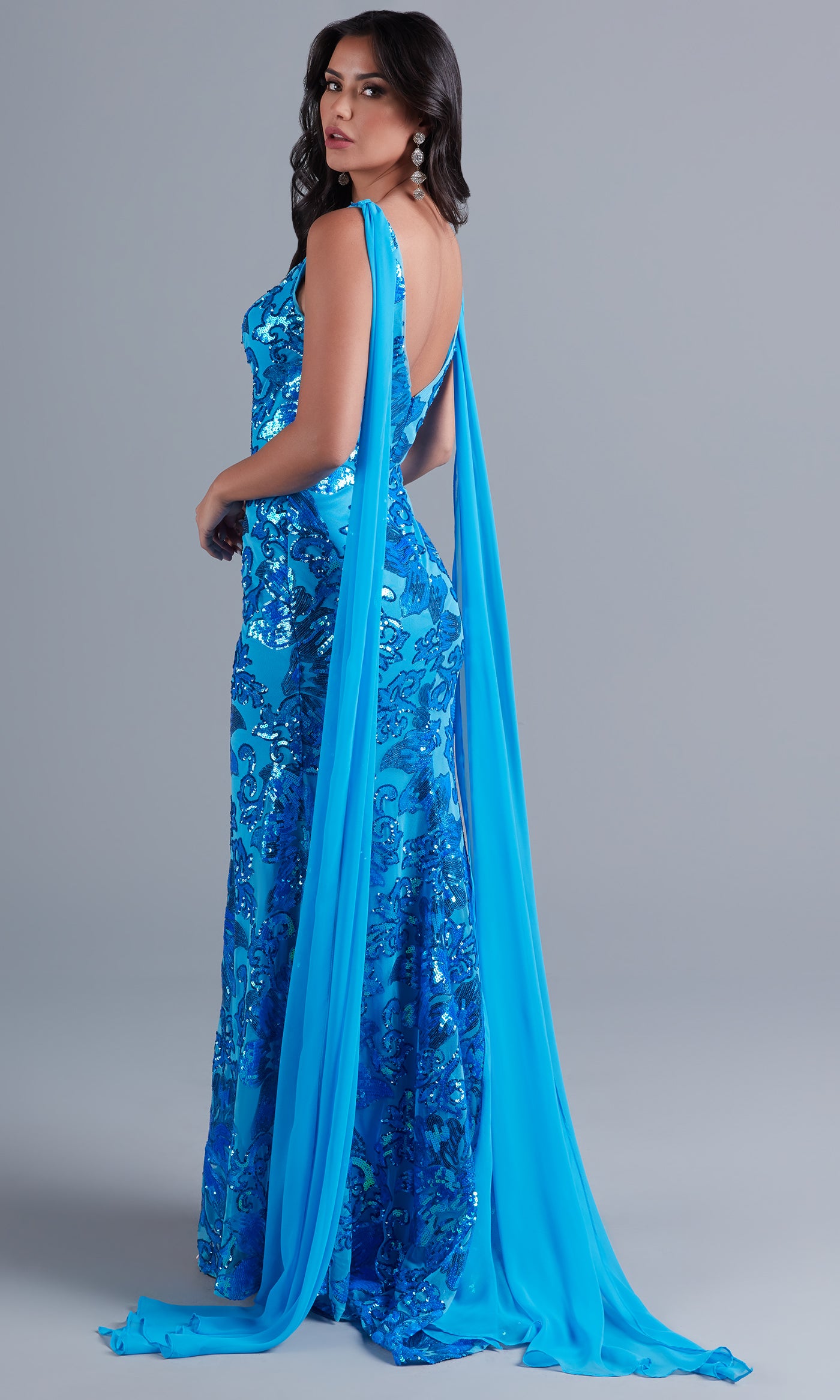 PromGirl Long Sequin Prom Dress with Capes