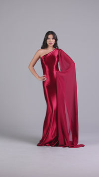 PromGirl One-Shoulder Long Prom Dress with Cape