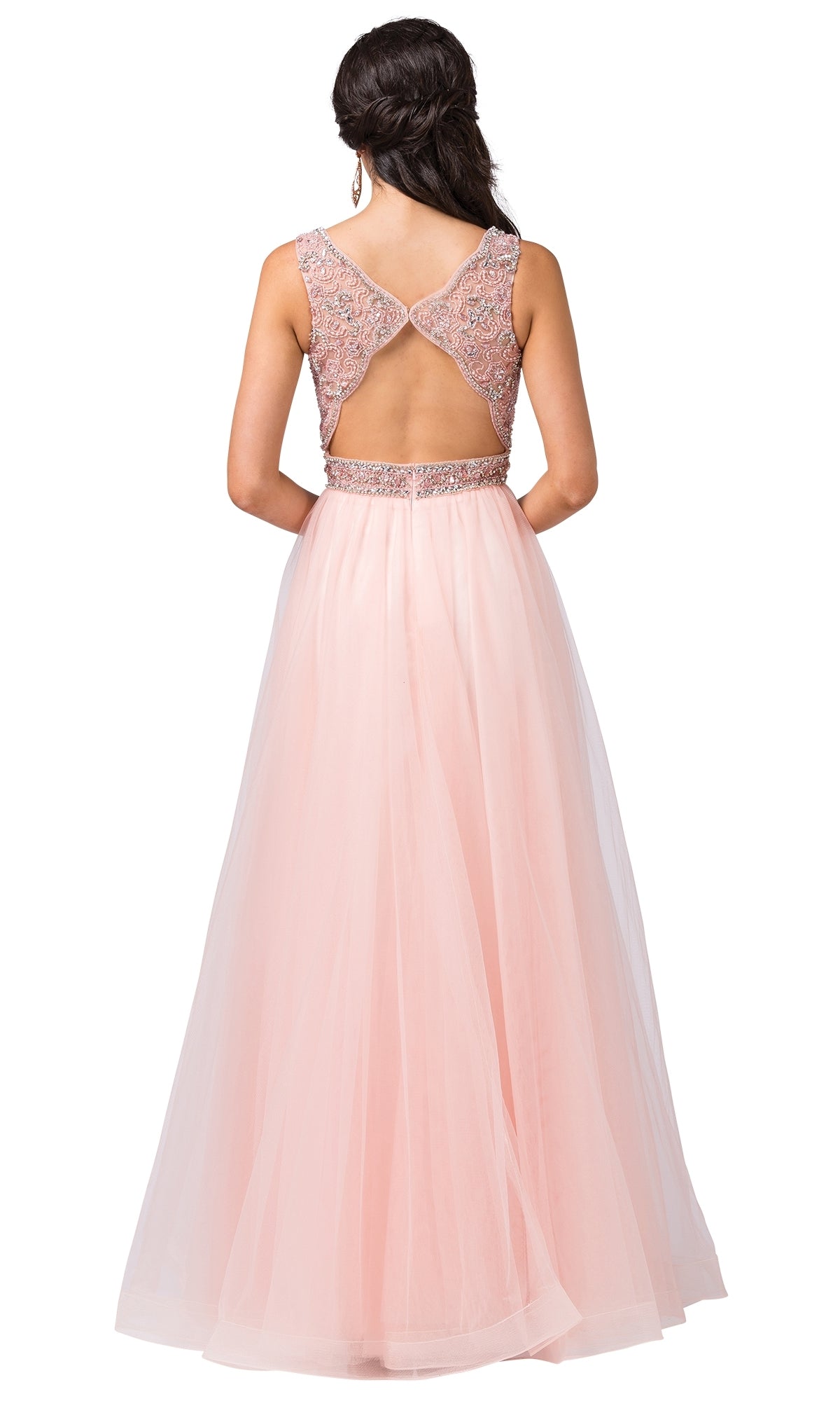 A woman faces away in the Beaded-Bodice Long Prom Ball Gown with Cut-Out, a floor-length pink dress featuring a sleeveless design, open back, and intricate beadwork on the bodice.
