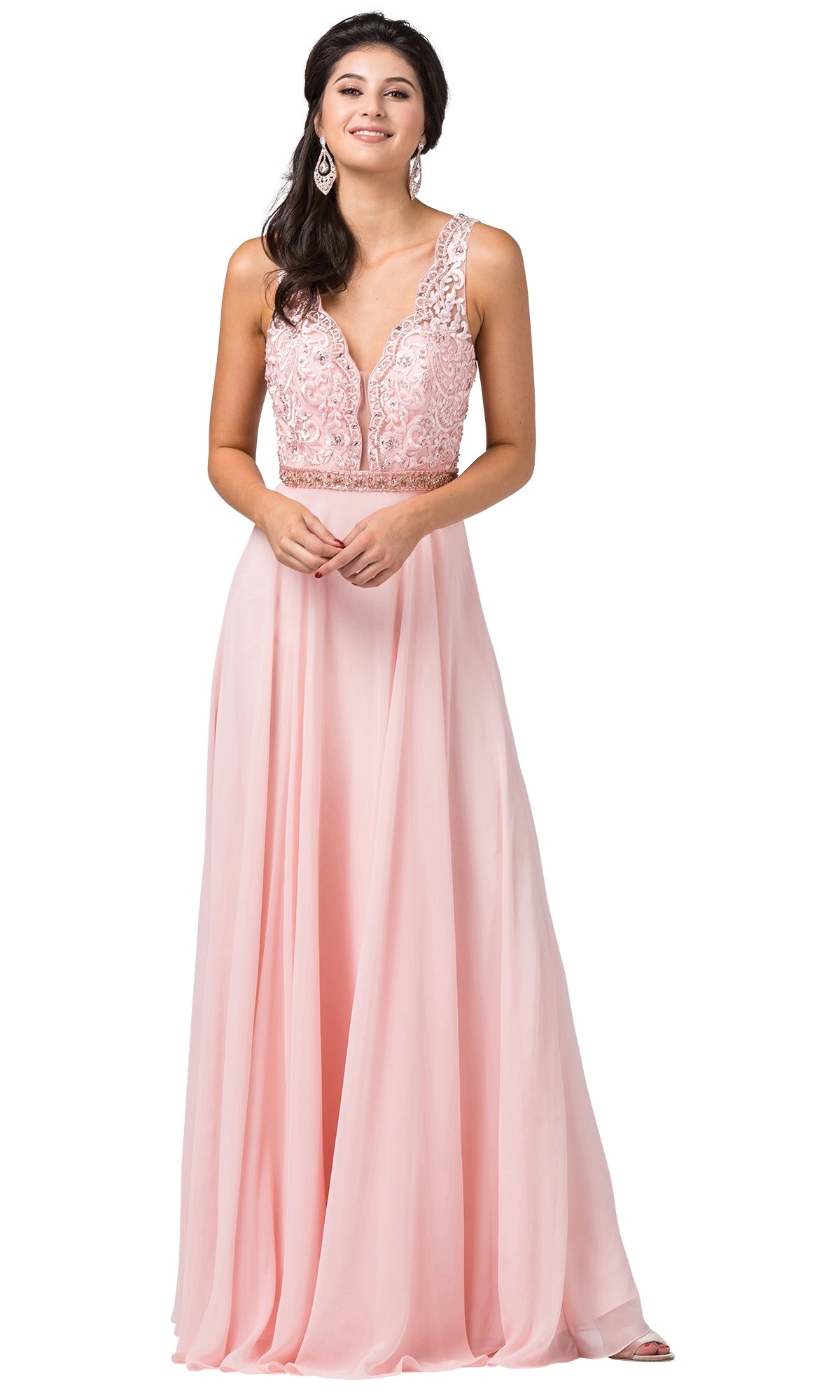 A woman is wearing the Cut-Out-Back Scalloped V-Neck Long Prom Dress, a floor-length evening gown featuring a scalloped v-neck, cut-out back, and flowing skirt.