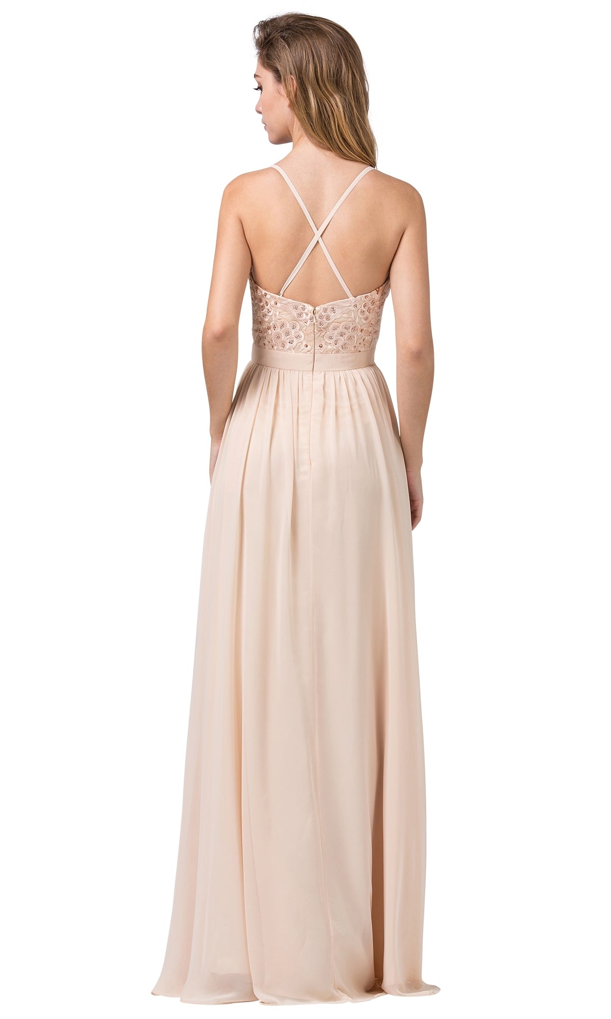 A woman is seen from behind in the Long Prom Dress with Criss-Cross Back Straps, a floor-length light pink gown featuring a lace bodice and elegant crisscross back detailing.