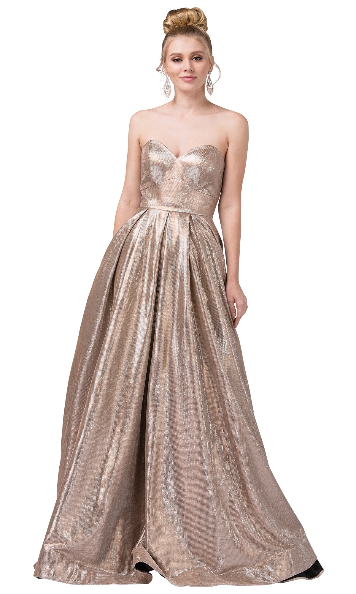 Woman wearing the Long Strapless Glitter Prom Dress with Corset Back, featuring metallic gold glitter-satin fabric, a sweetheart neckline, corset-back detail, and a full floor-length skirt.