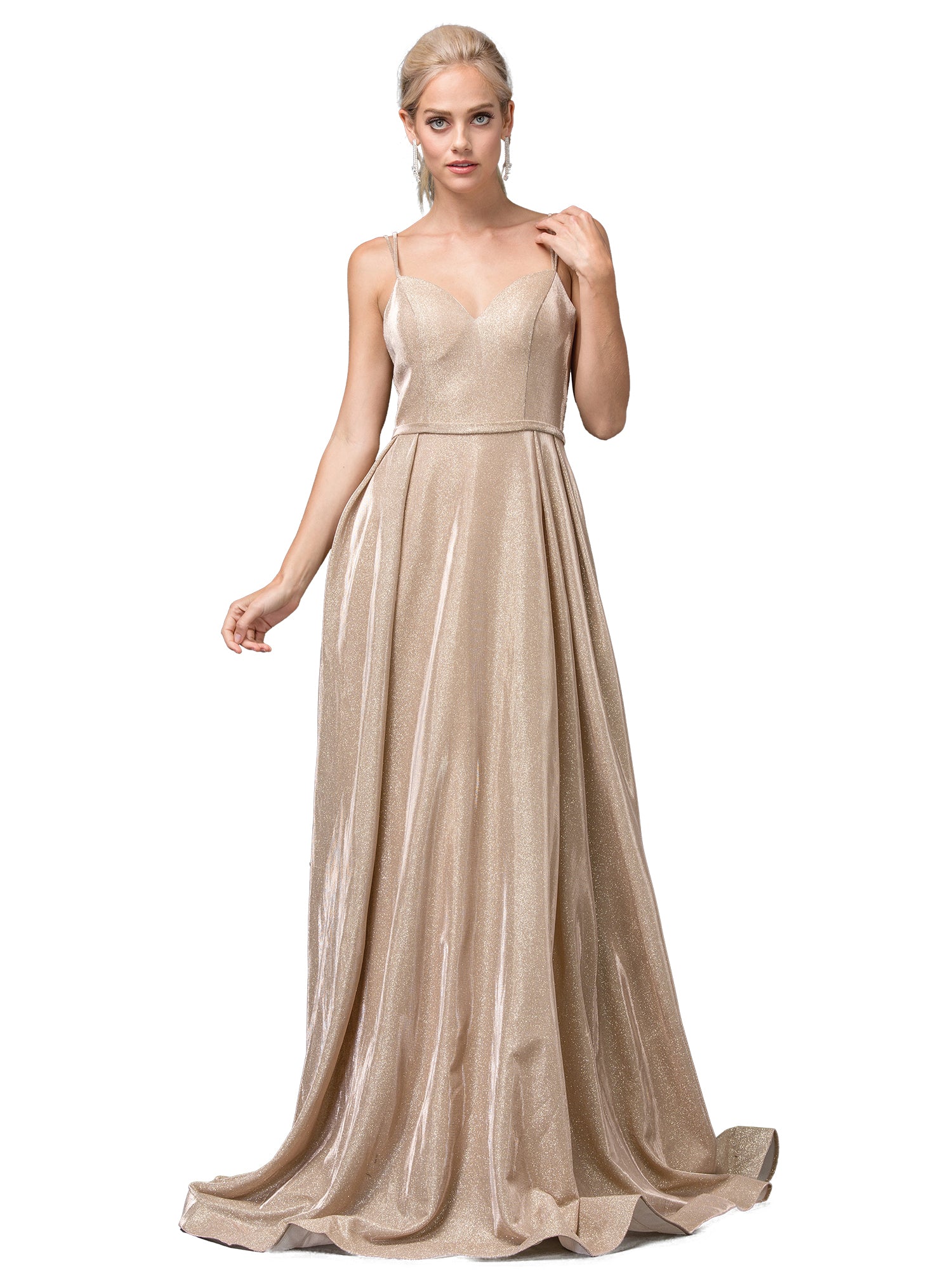 A woman wears a Metallic Long A-Line Prom Dress with side pockets, featuring thin straps and a fitted bodice; the gold, floor-length gown stands out against a plain white background.