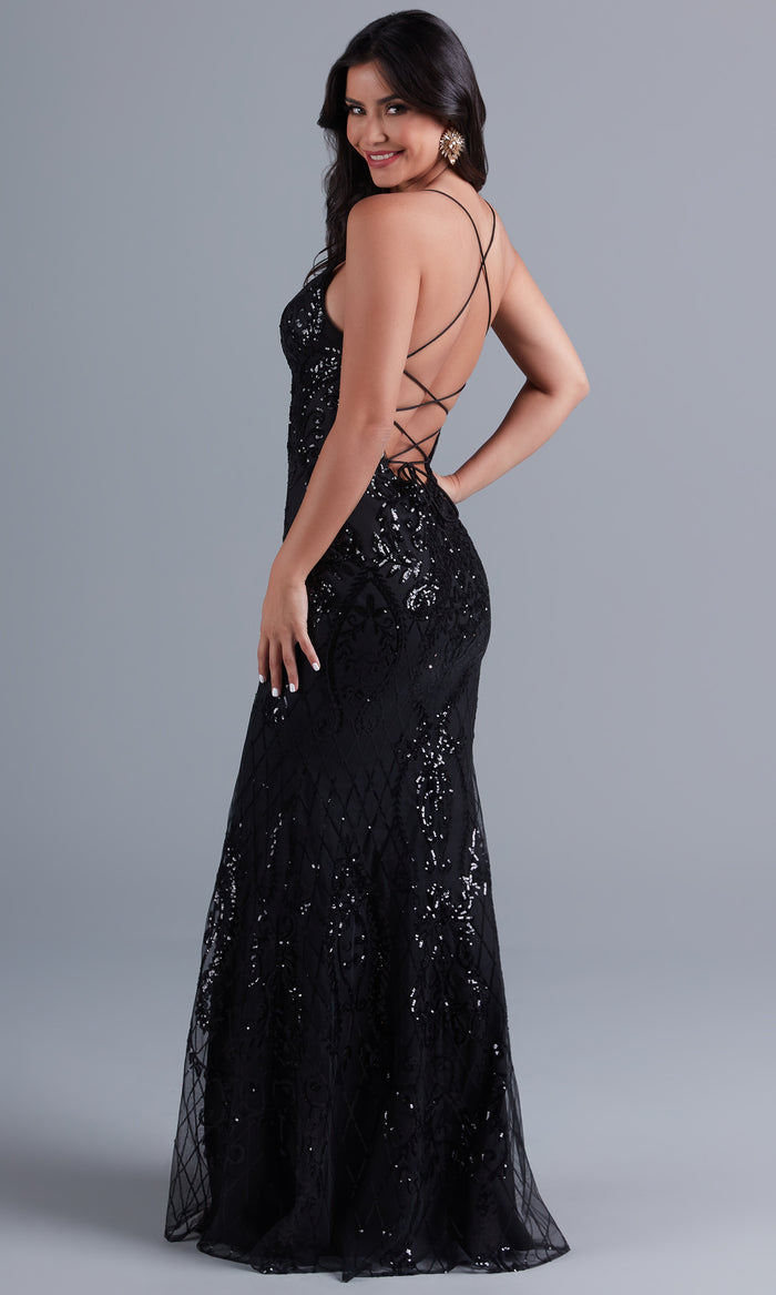 Backless PromGirl Long Prom Dress in Sequin Tulle