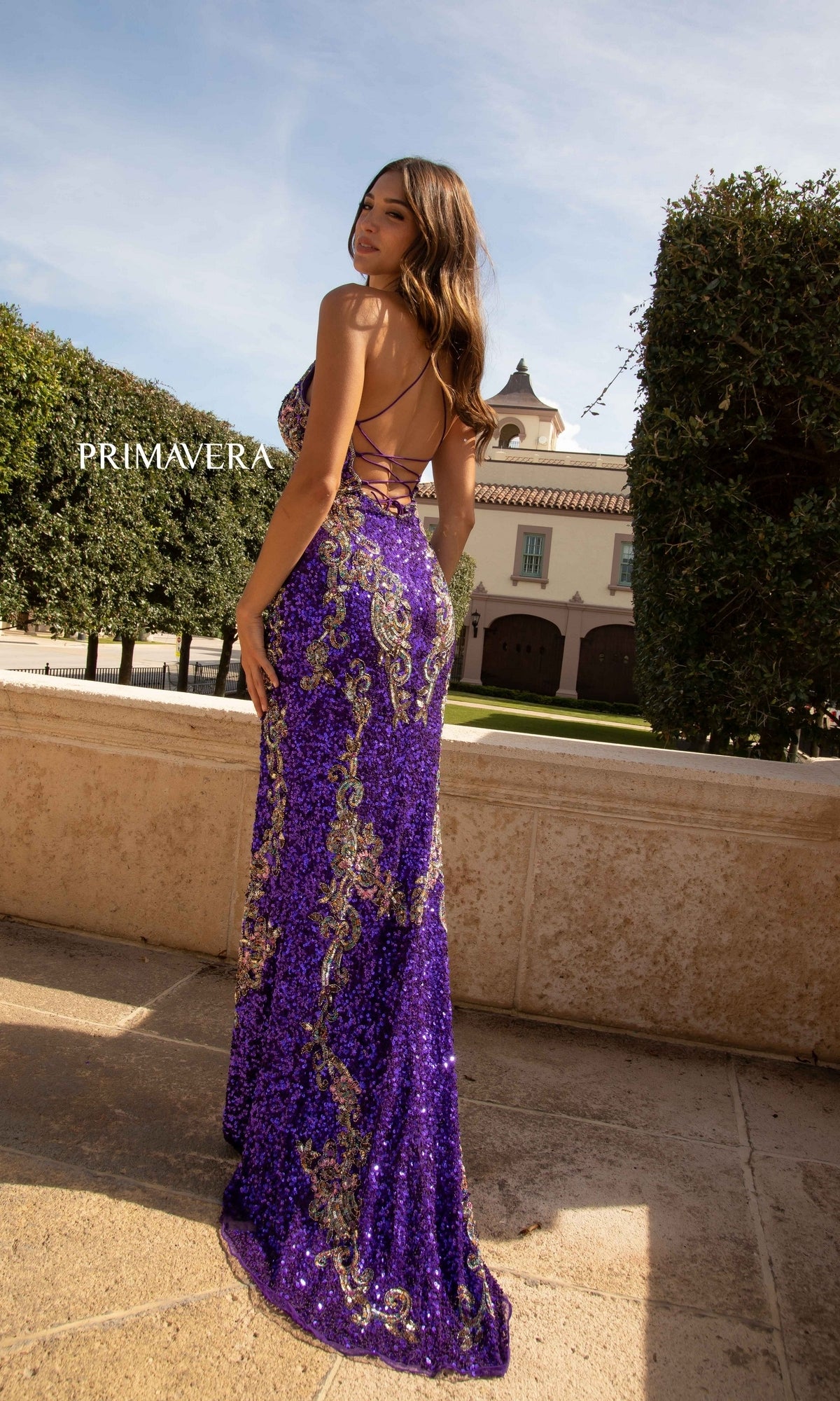 A woman poses outdoors near a stone wall and greenery wearing a V-Neck Sequin Long Prom Gown with a lace-up back.