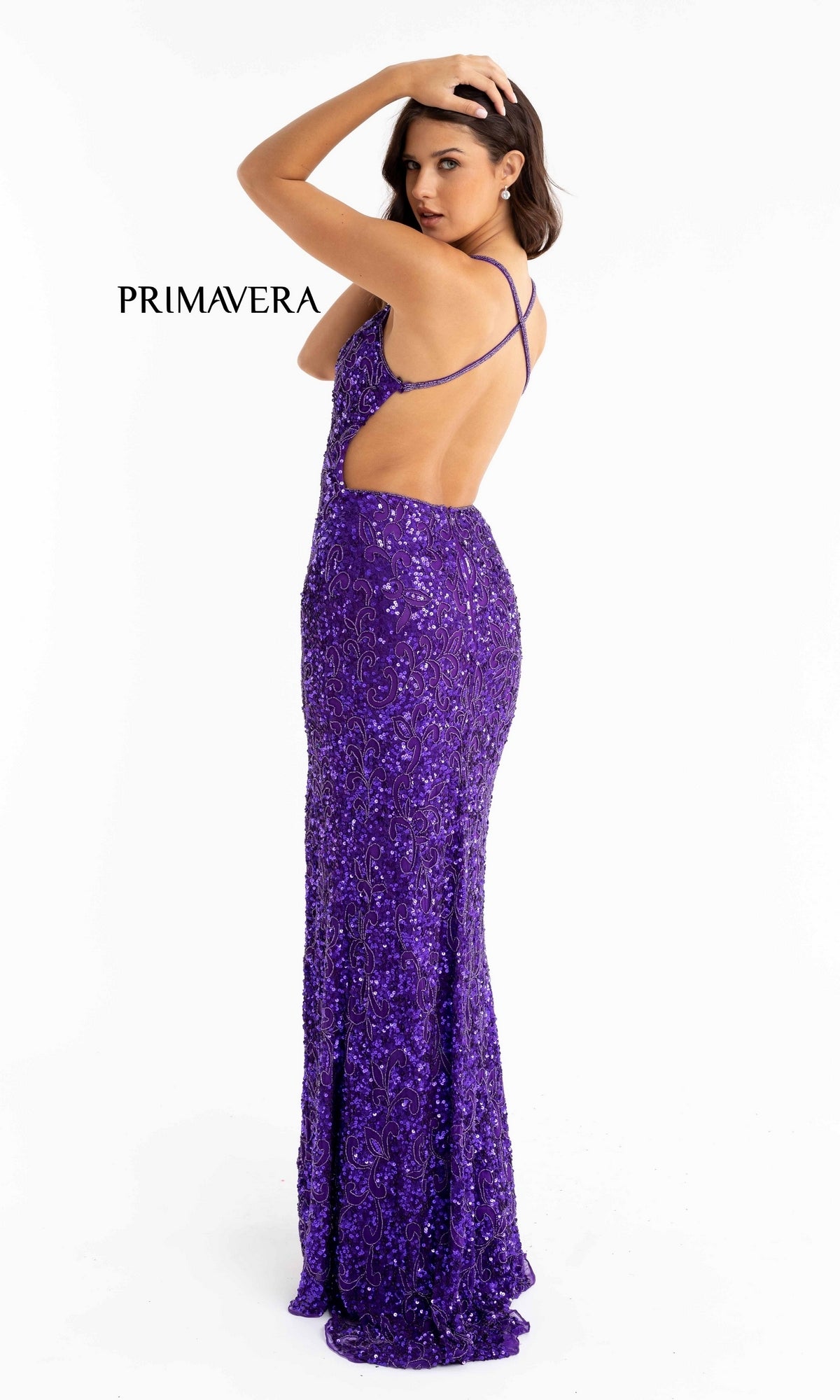 A woman models the Dark Sequin-Pattern Long Prom Dress 3295D, featuring thin crisscross straps and a backless design, against a white background.