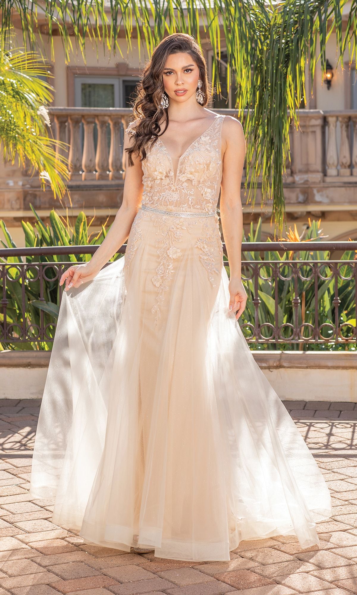 V-Neck Prom Ball Gown with Sheer Bodice