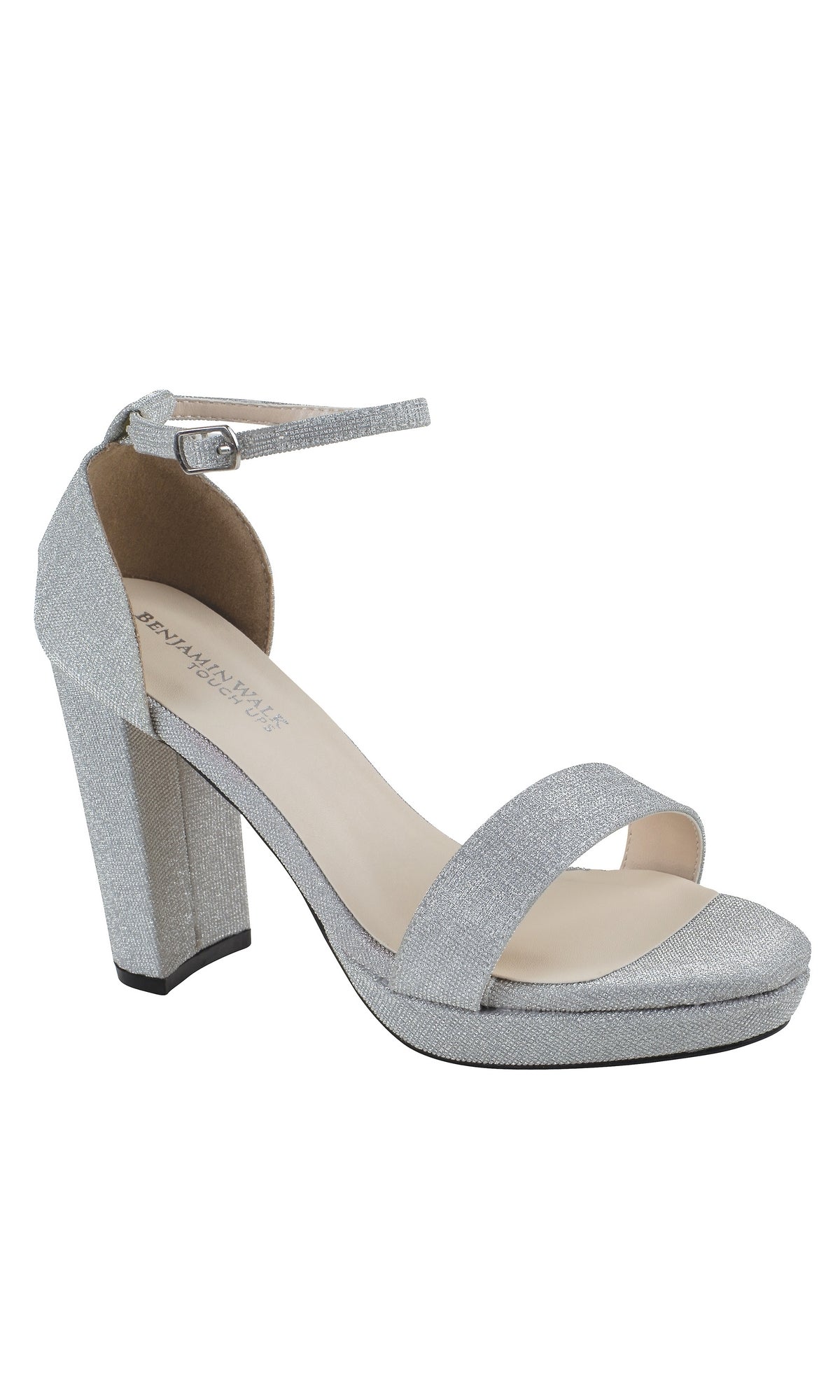 The Mia Silver High Heel Prom Shoes 4580 are silver, open-toe sandals with a thick ankle strap and block heel—ideal as silver prom shoes. Shown on a white background.