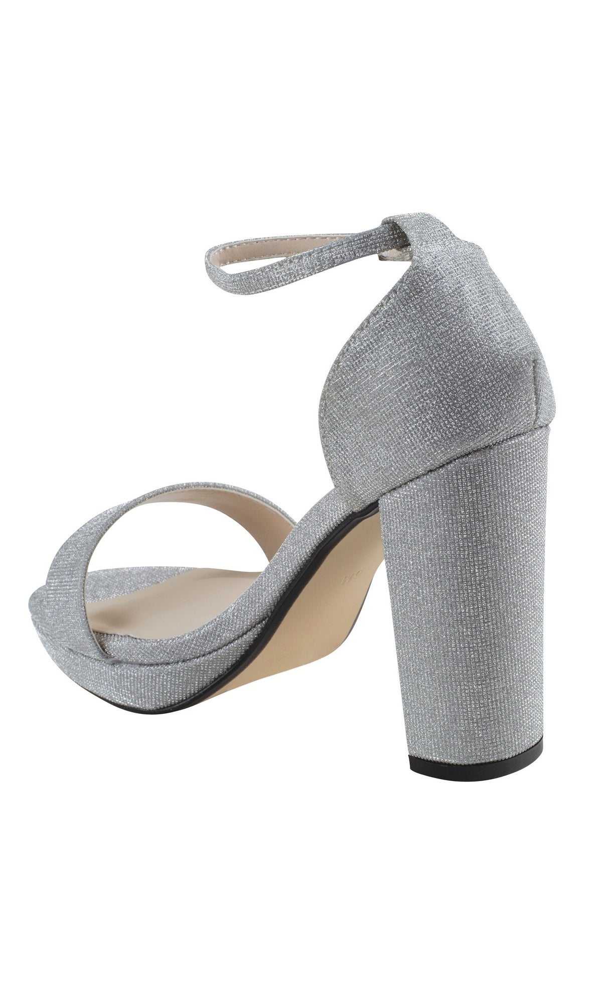 The Mia Silver High Heel Prom Shoes 4580 feature a thick block heel and ankle strap, showcased from a rear-side angle.