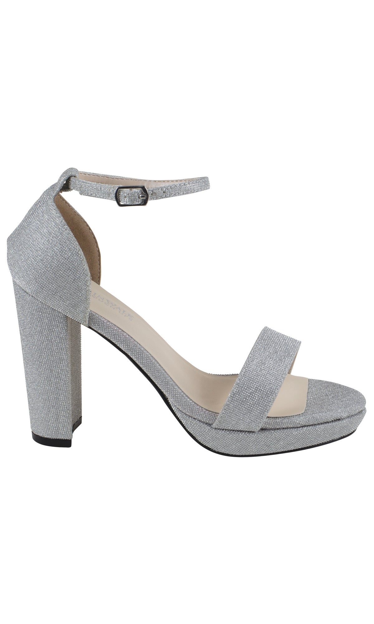 The Mia Silver High Heel Prom Shoes 4580 feature an ankle strap, open toe, and block heel, shown against a white background.