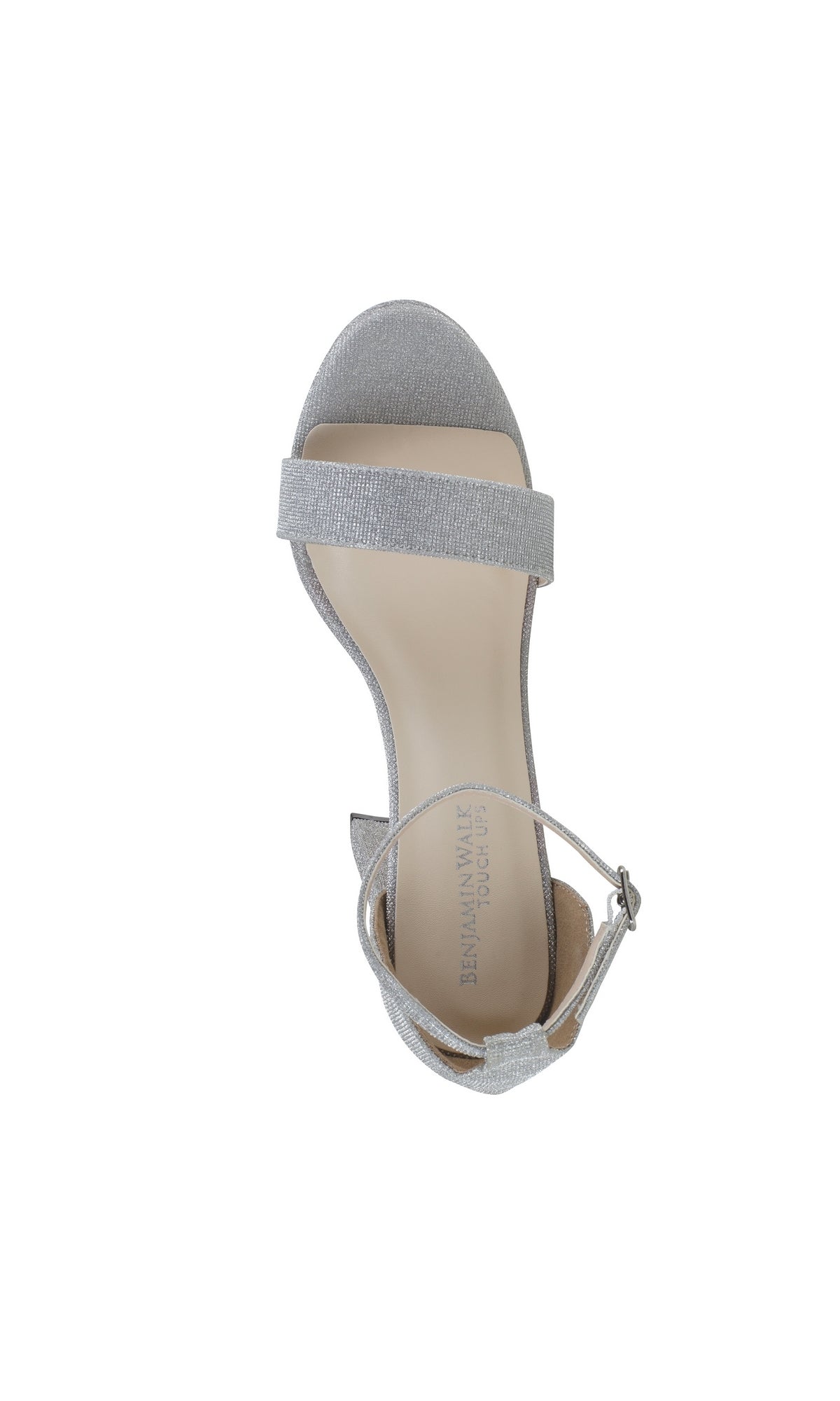 The Mia Silver High Heel Prom Shoes 4580 is a single silver sandal with an ankle strap and buckle, shown from above on a white background.