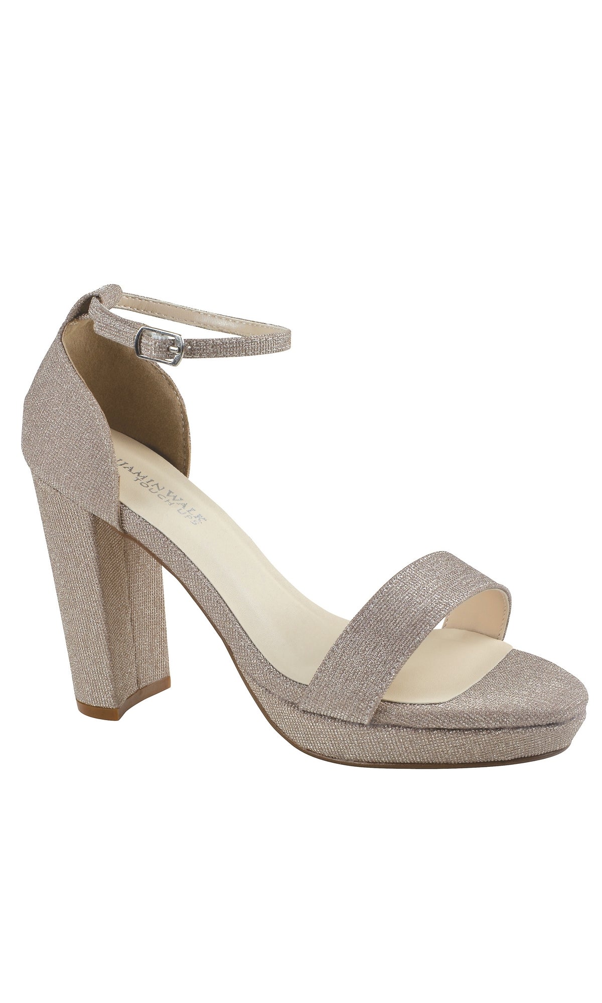Step out in style with the Mia Champagne High Heel Prom Shoes 4581, featuring an ankle strap, open toe, chunky heel, and single front strap—perfect for prom or any special occasion from Touch Ups.