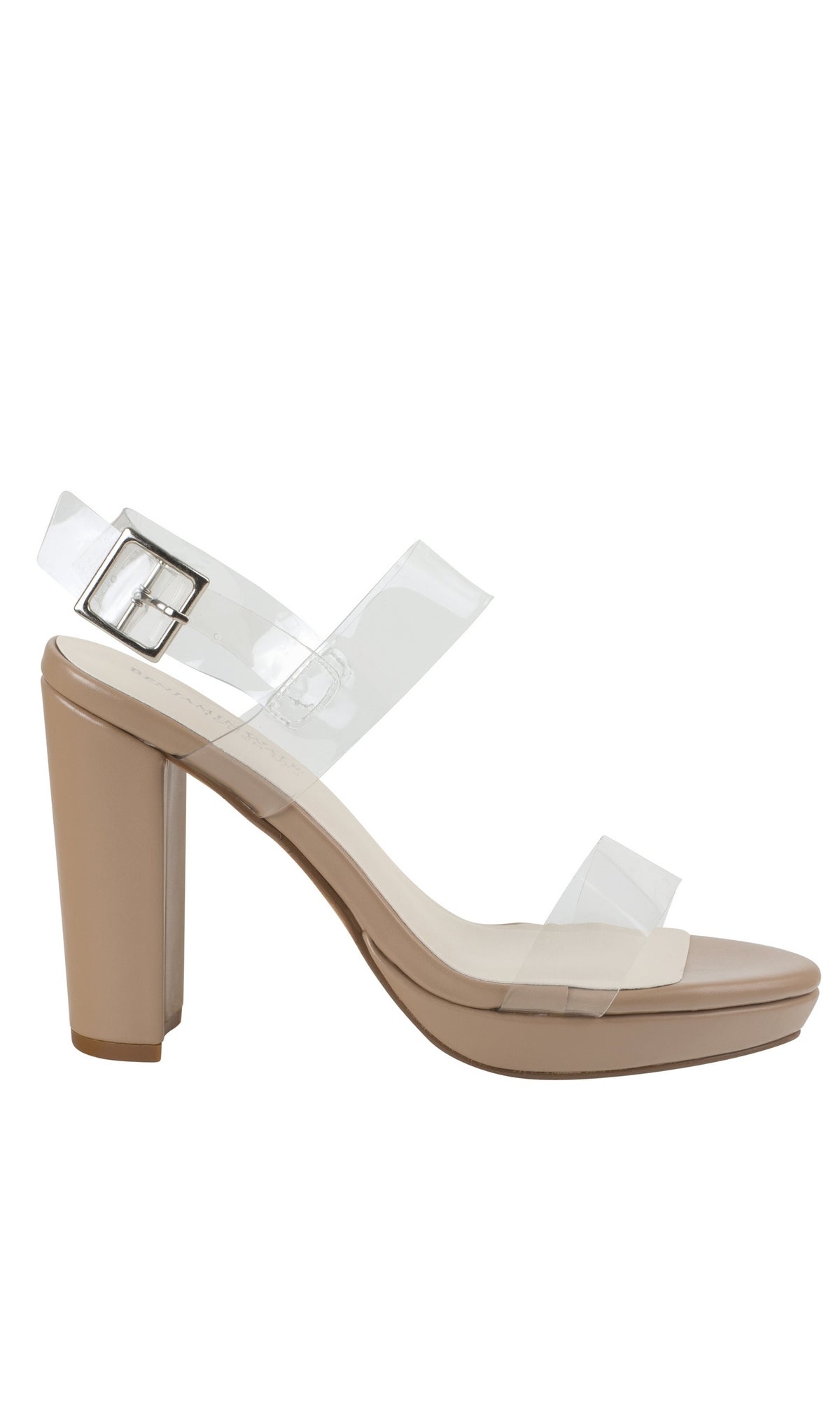 The Nova Clear Prom High Heel Shoes 4582 feature a beige block heel, clear plastic straps, and a silver buckle ankle strap—stylish high heels perfect for prom or any special occasion.