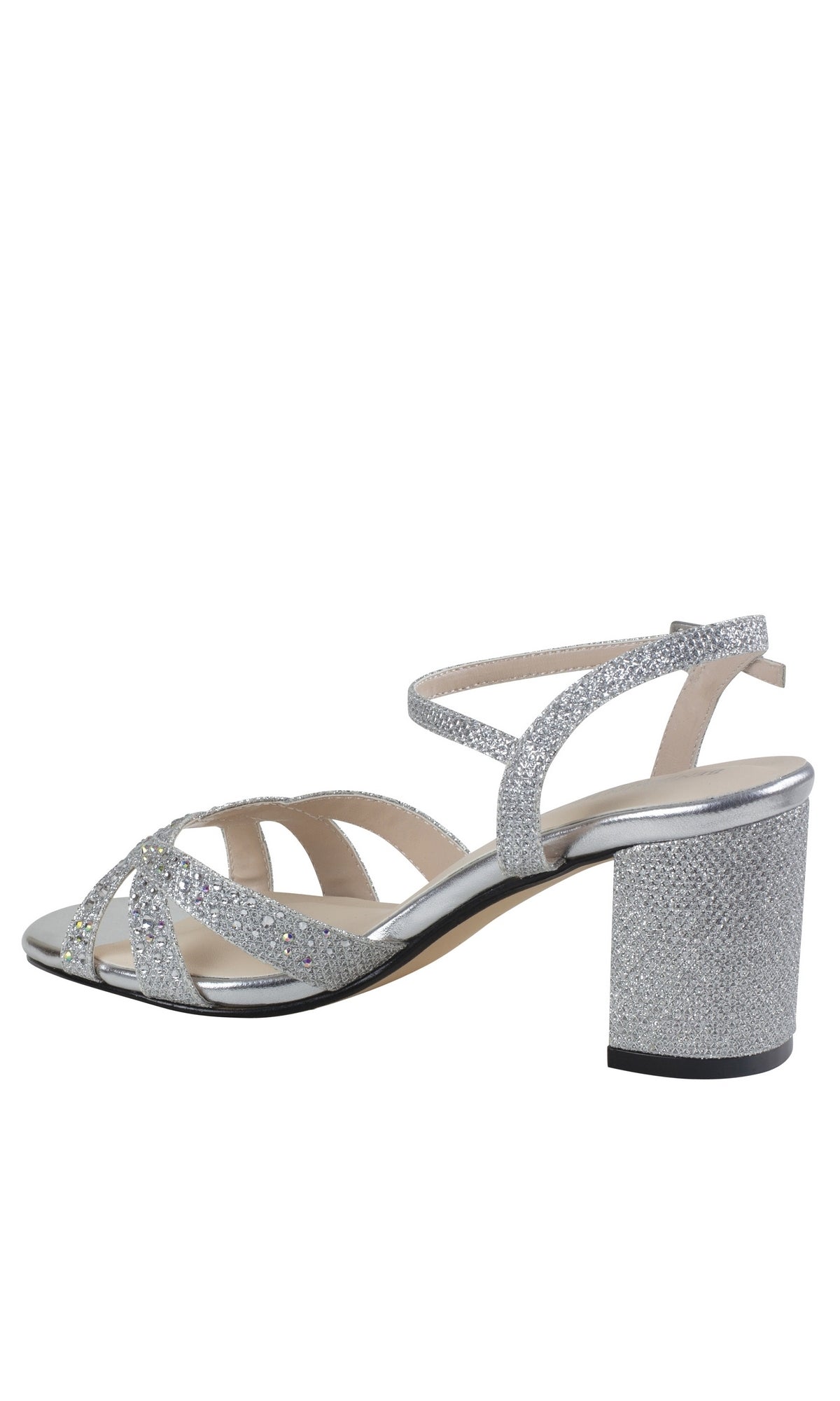 The Ivy Silver Low Heel Prom Shoes 4585 showcase a strappy upper, ankle strap, and block heel for comfort and sparkle—perfect for prom. Displayed on a white background, these glittery open-toe shoes add effortless elegance to any look.