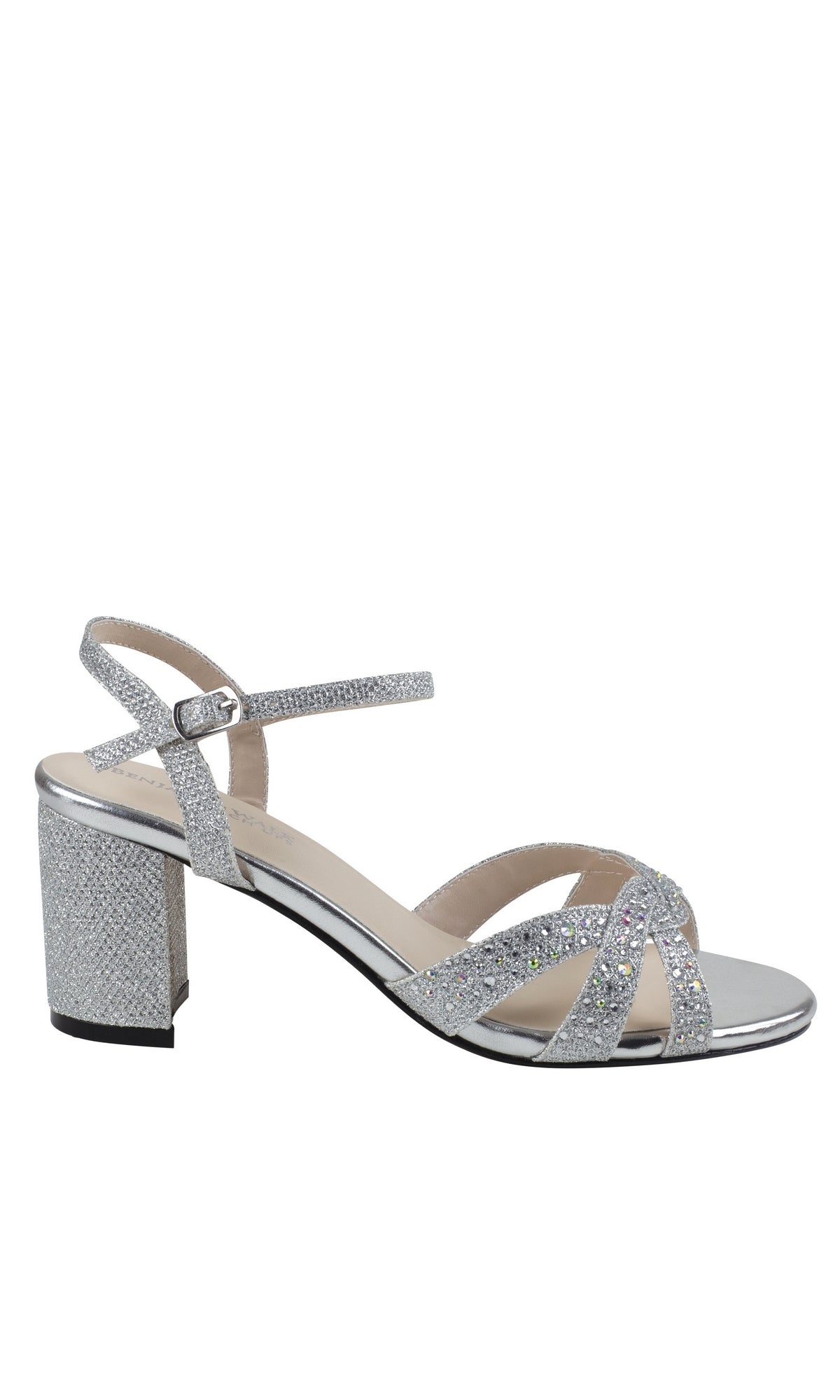 The Ivy Silver Low Heel Prom Shoes 4585 feature a glittery block heel, strappy open toe design, and ankle strap with buckle—ideal for adding an elegant touch to your prom look.