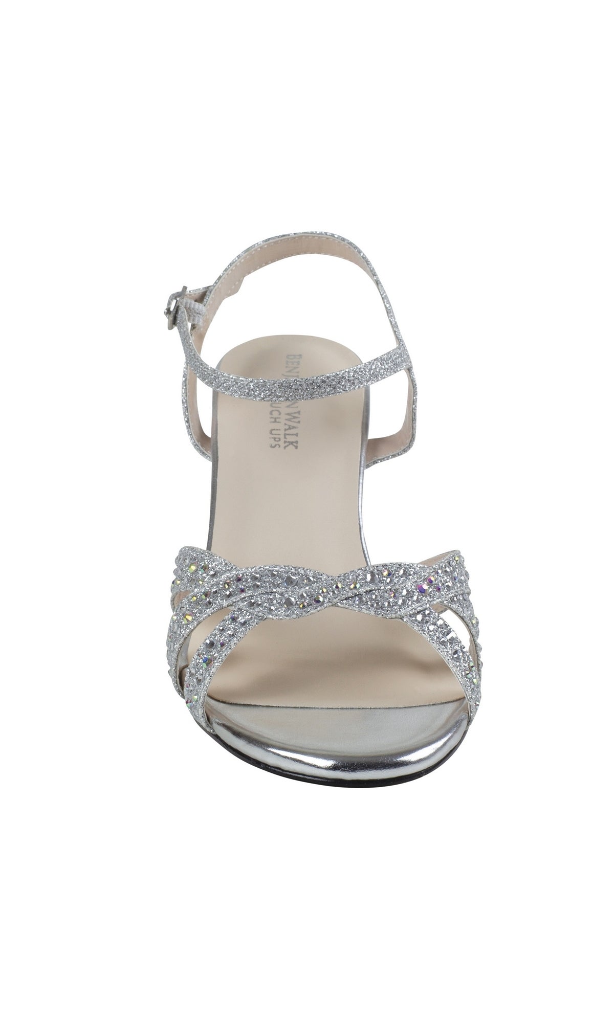 The Ivy Silver Low Heel Prom Shoes 4585 feature glittery straps and an open toe, shown from the front against a white background.
