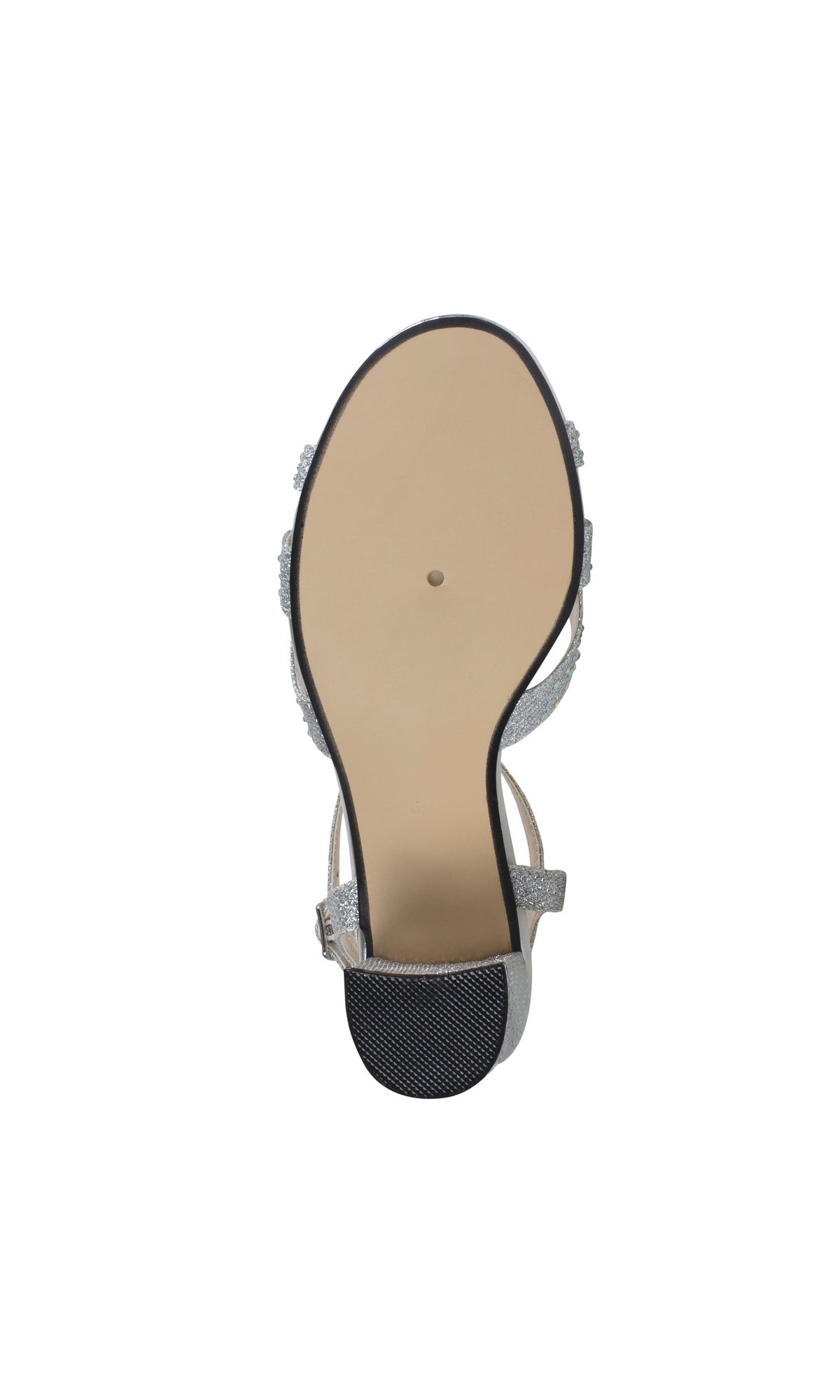 The image shows the bottom view of the Ivy Silver Low Heel Prom Shoes 4585, featuring a silver finish, beige sole, black heel tip, and ankle strap—an elegant choice for prom.