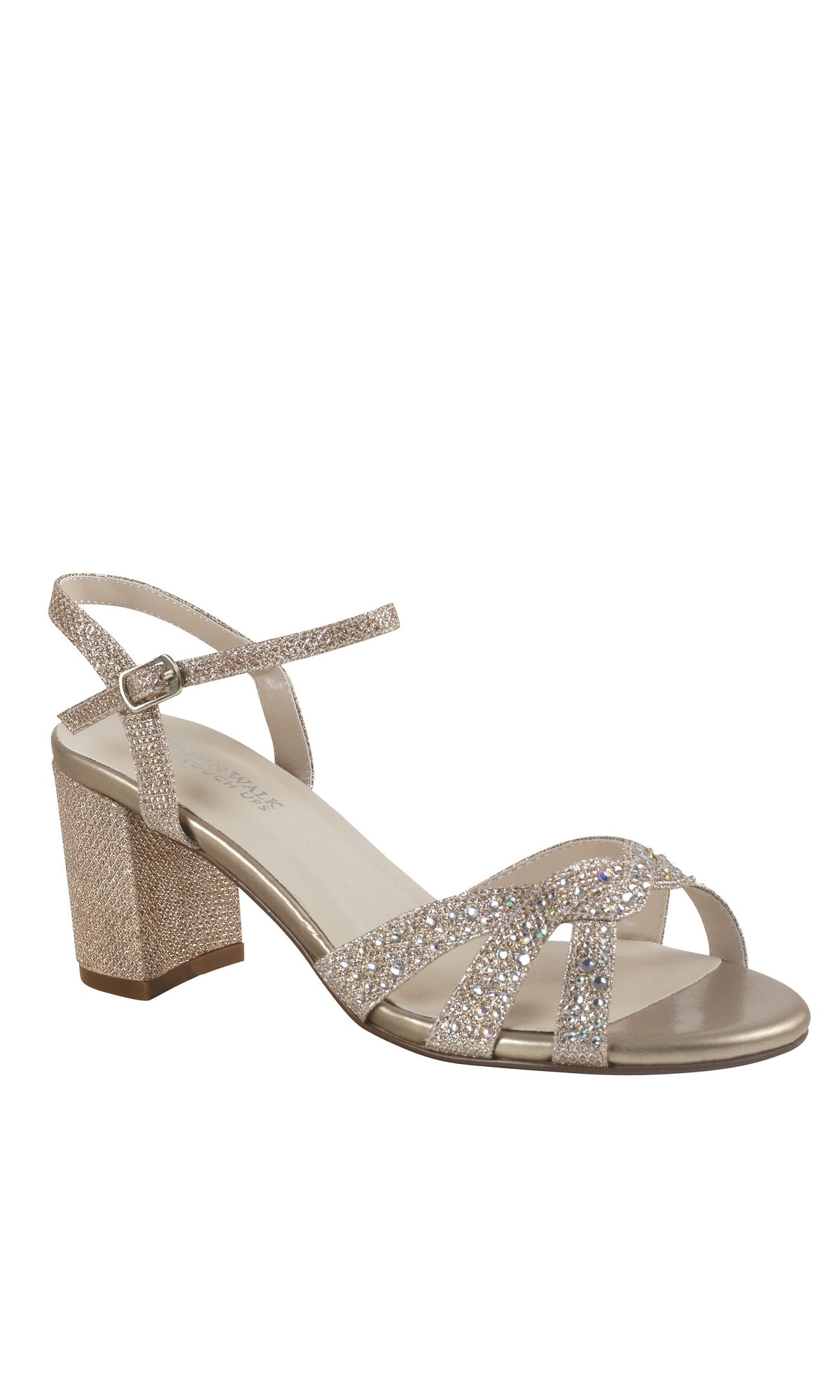 The Ivy Champagne Low Heel Prom Shoes 4586 feature a beige block heel, open toe, sparkling glitter straps, and an ankle buckle—perfect champagne nude sandals for a glamorous prom evening.