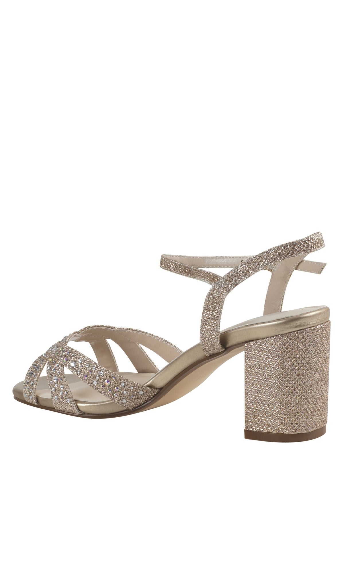 The Ivy Champagne Low Heel Prom Shoes 4586 feature a gold glittery finish, open toe, mid block heel, crisscross straps, and ankle strap—ideal sparkly sandals for your special night.