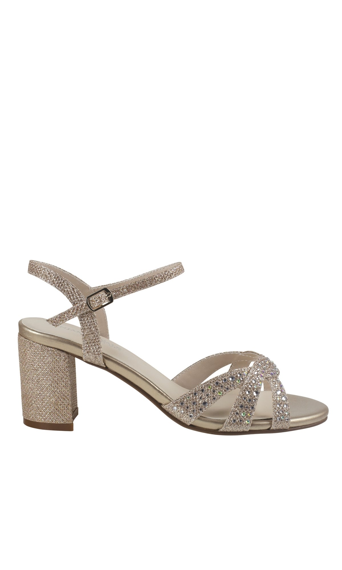 The Ivy Champagne Low Heel Prom Shoes 4586 are strappy, open-toe sandals with a low block heel, ankle strap, and glittery rhinestone embellishments in a chic champagne nude shade—perfect for prom.