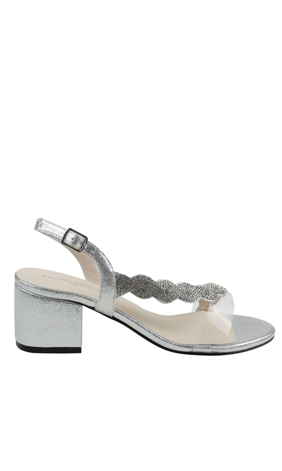 The Silver Twisted Rhinestone Low Heel Prom Shoes Ruby 4590 feature a clear toe strap, twisted metallic mid-strap, and adjustable ankle buckle—perfect for adding modern elegance to your style.