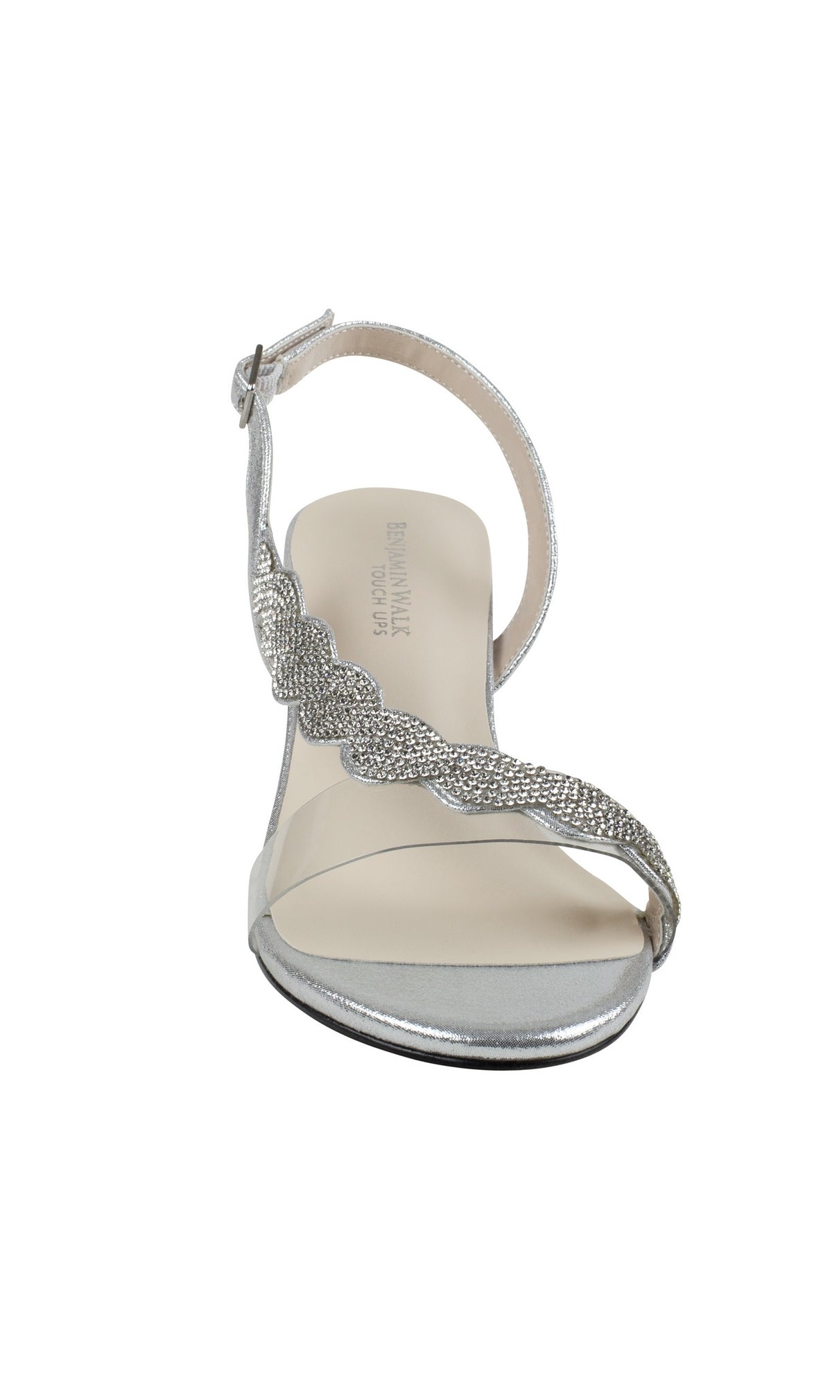 Front view of Silver Twisted Rhinestone Low Heel Prom Shoes Ruby 4590, featuring an ankle strap and a rhinestone-embellished wavy toe strap.