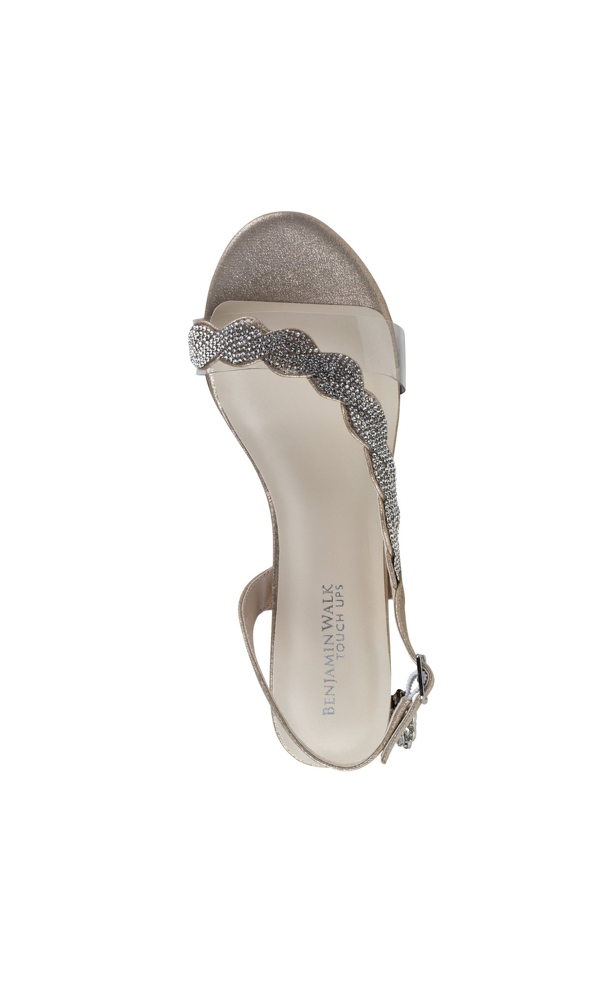 Top view of the Champagne Twisted Low Heel Prom Shoes Ruby 4591, featuring an open toe, scalloped rhinestone strap, ankle buckle, and