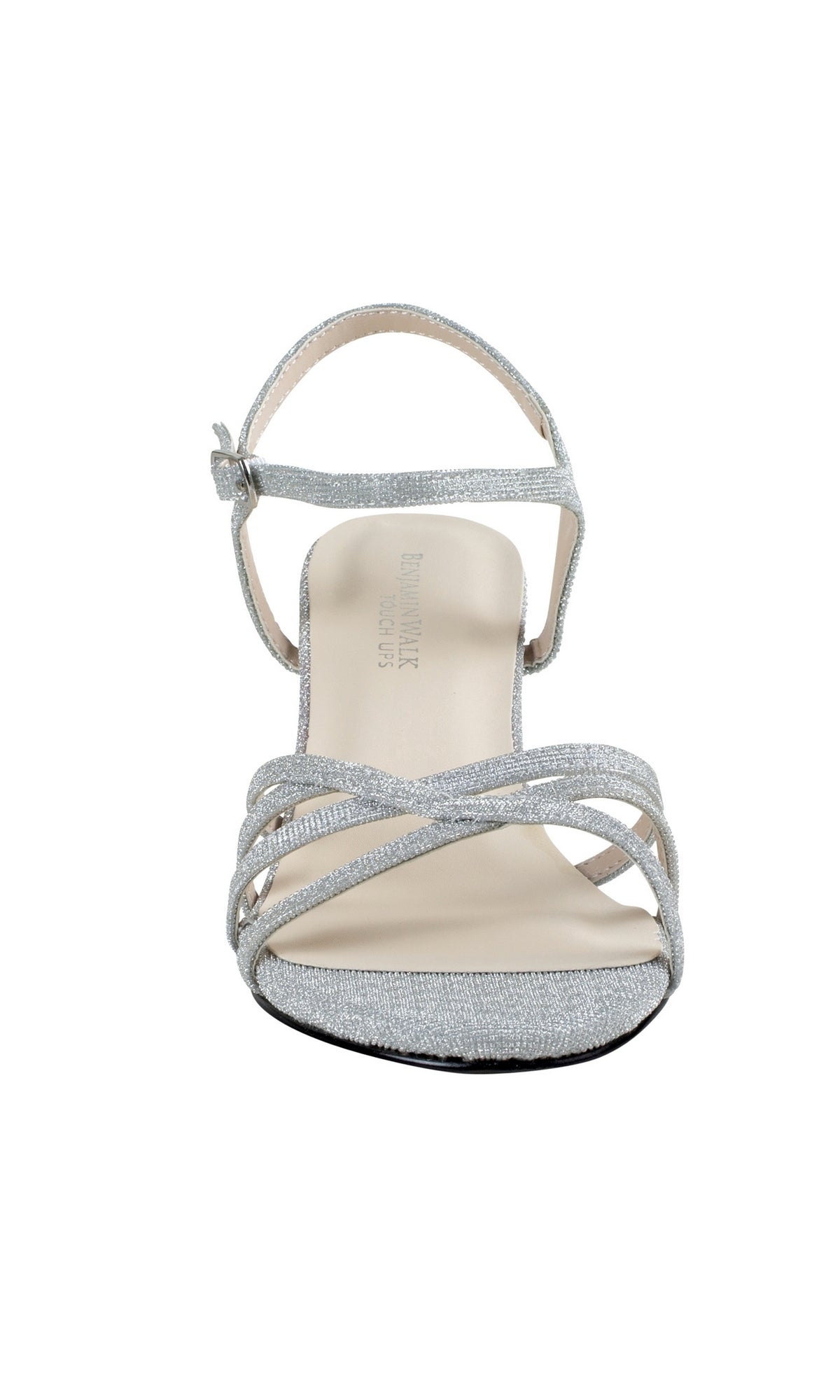 Front view of Delilah Silver Low Heel Strappy Prom Shoes 4593 with ankle strap, ideal for special occasions, shown against a white background.