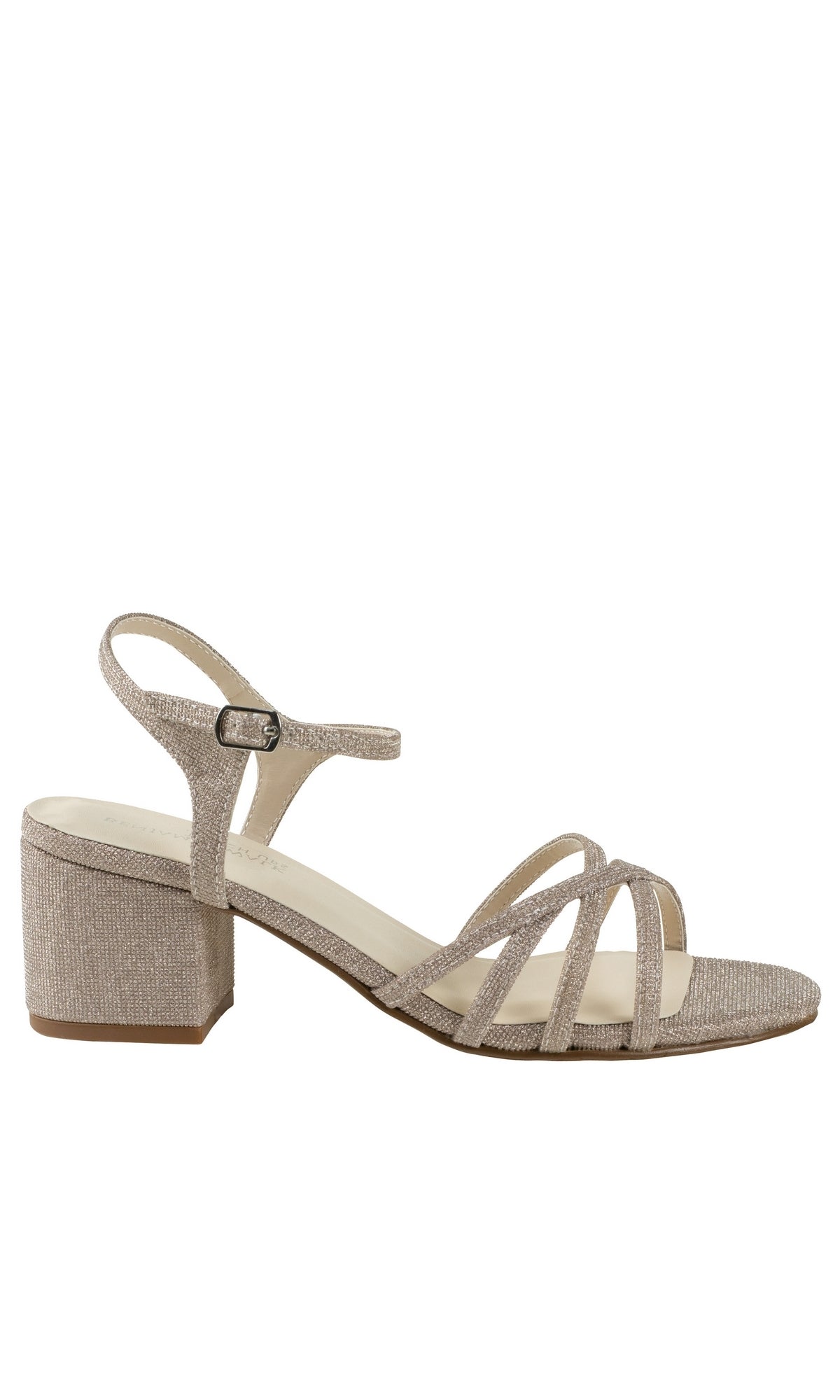 The Delilah Champagne Low Heel Strappy Prom Shoes 4594 feature an open toe and ankle strap with buckle, offering elegant beige style—ideal for prom. Displayed on a white background.